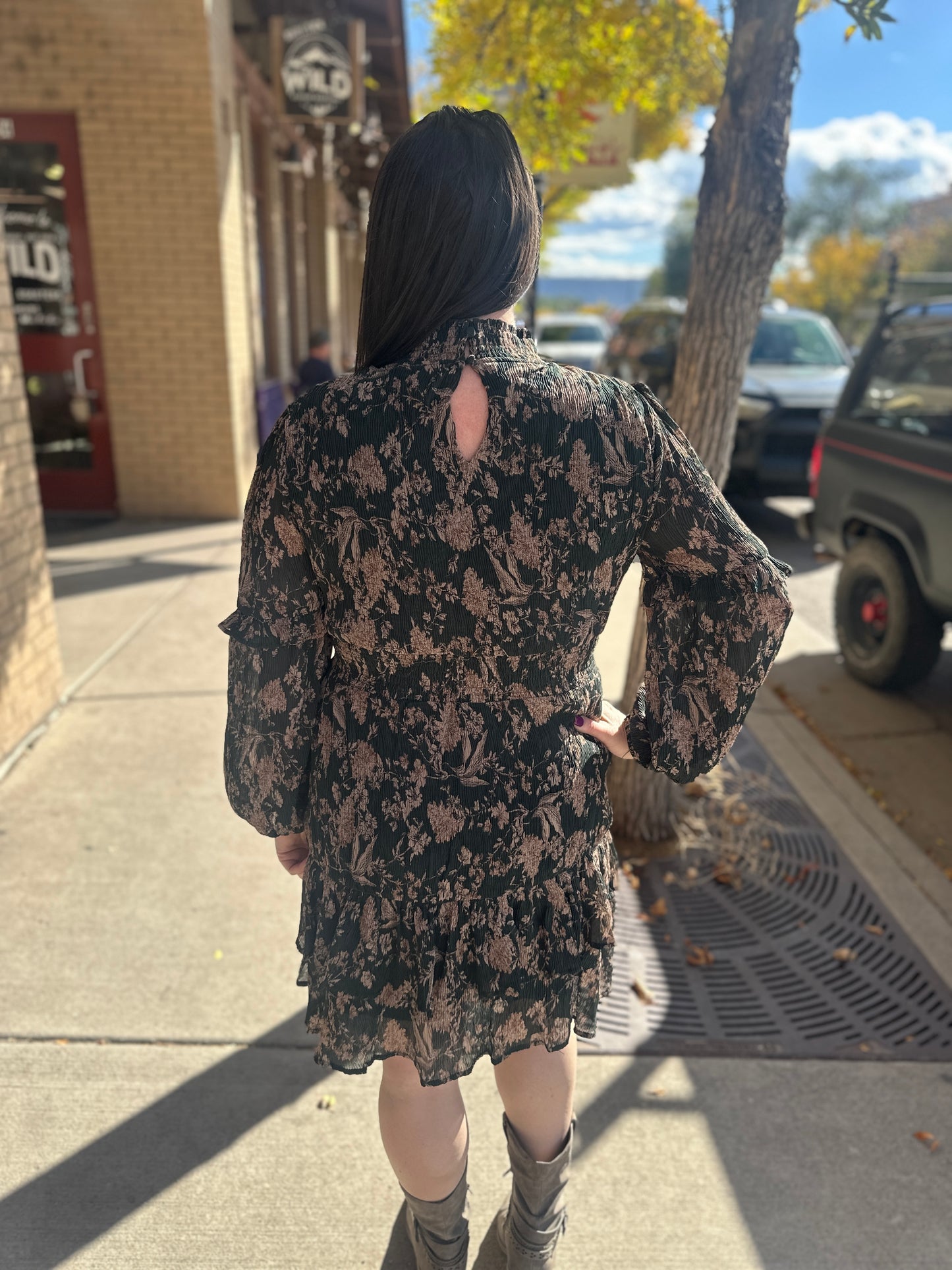 Green and Brown Floral Midi Dress