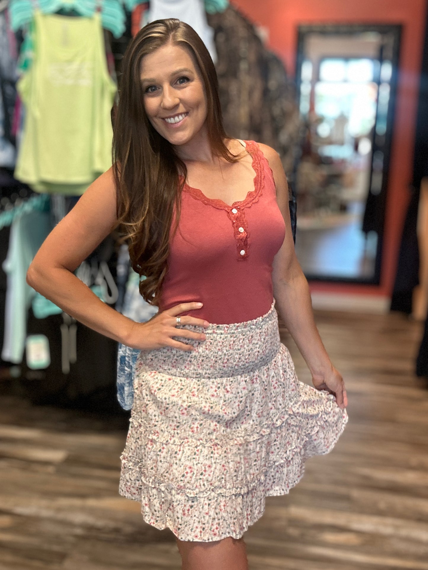Ribbed Tank With Lace and Buttons