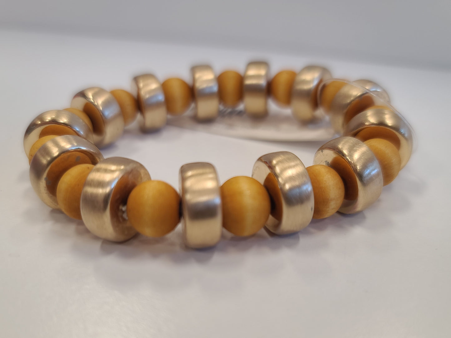 Wood & Gold Bar Beaded Stretch Bracelet
