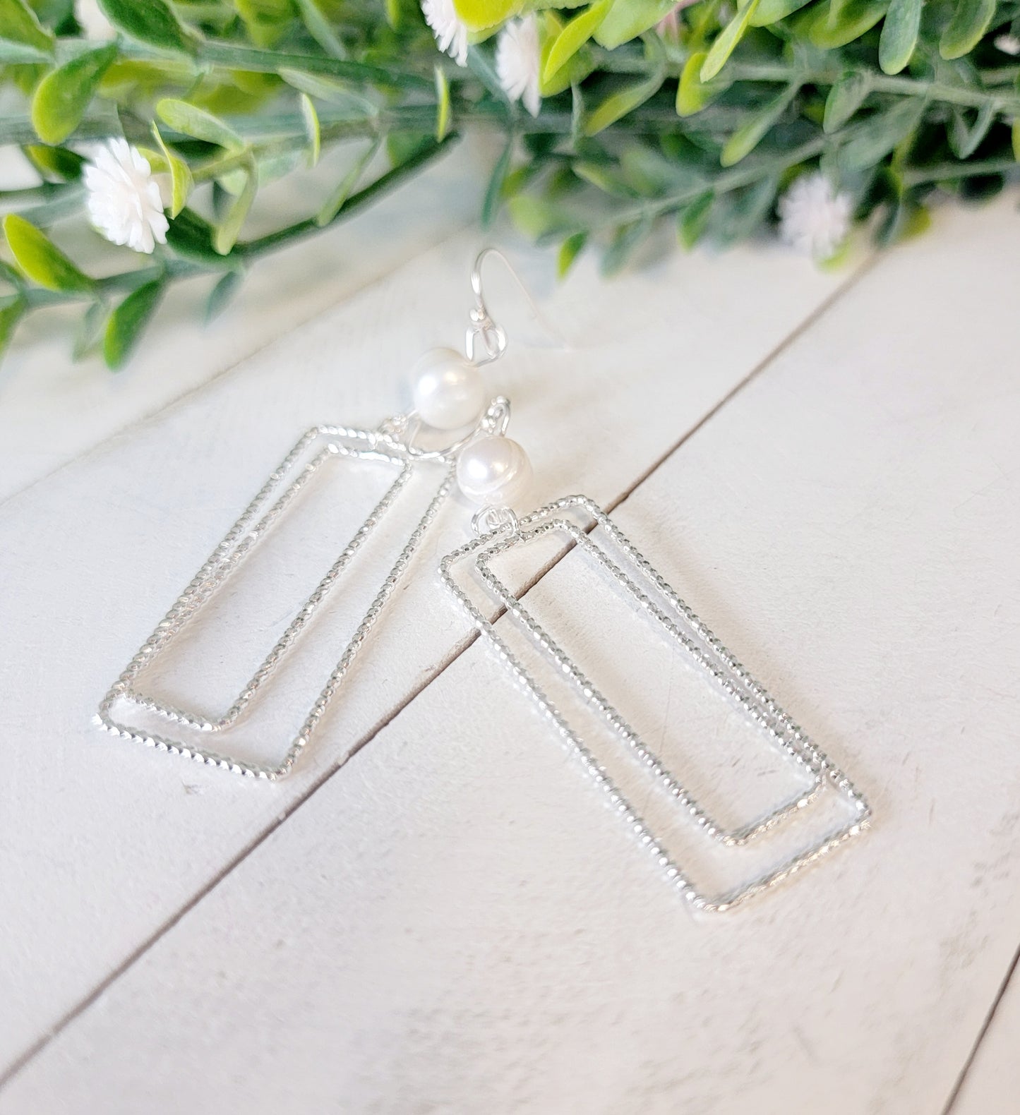 Open Rectangle Earring with Freshwater Pearl