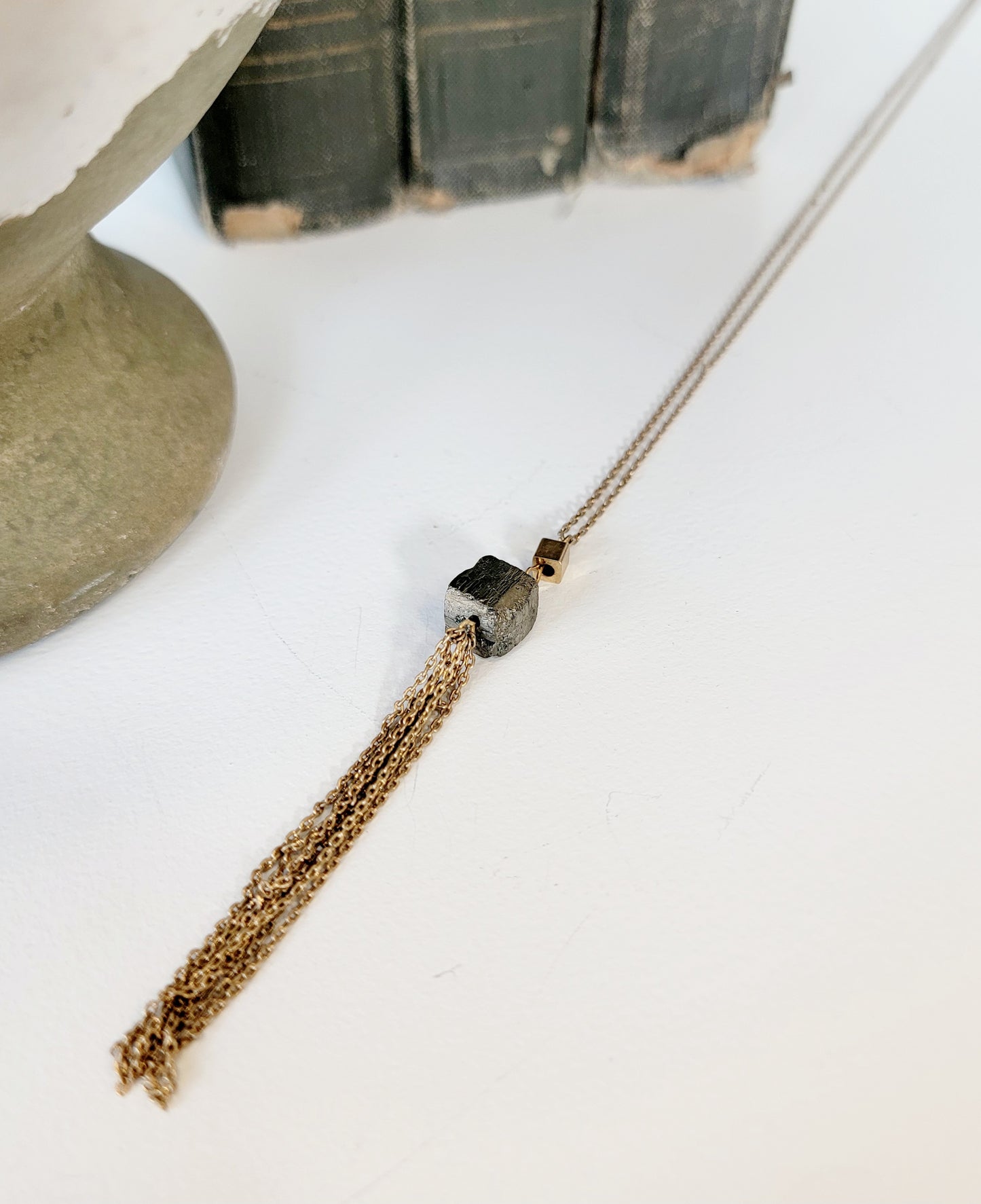 Gold Worn Stone Tassel Necklace