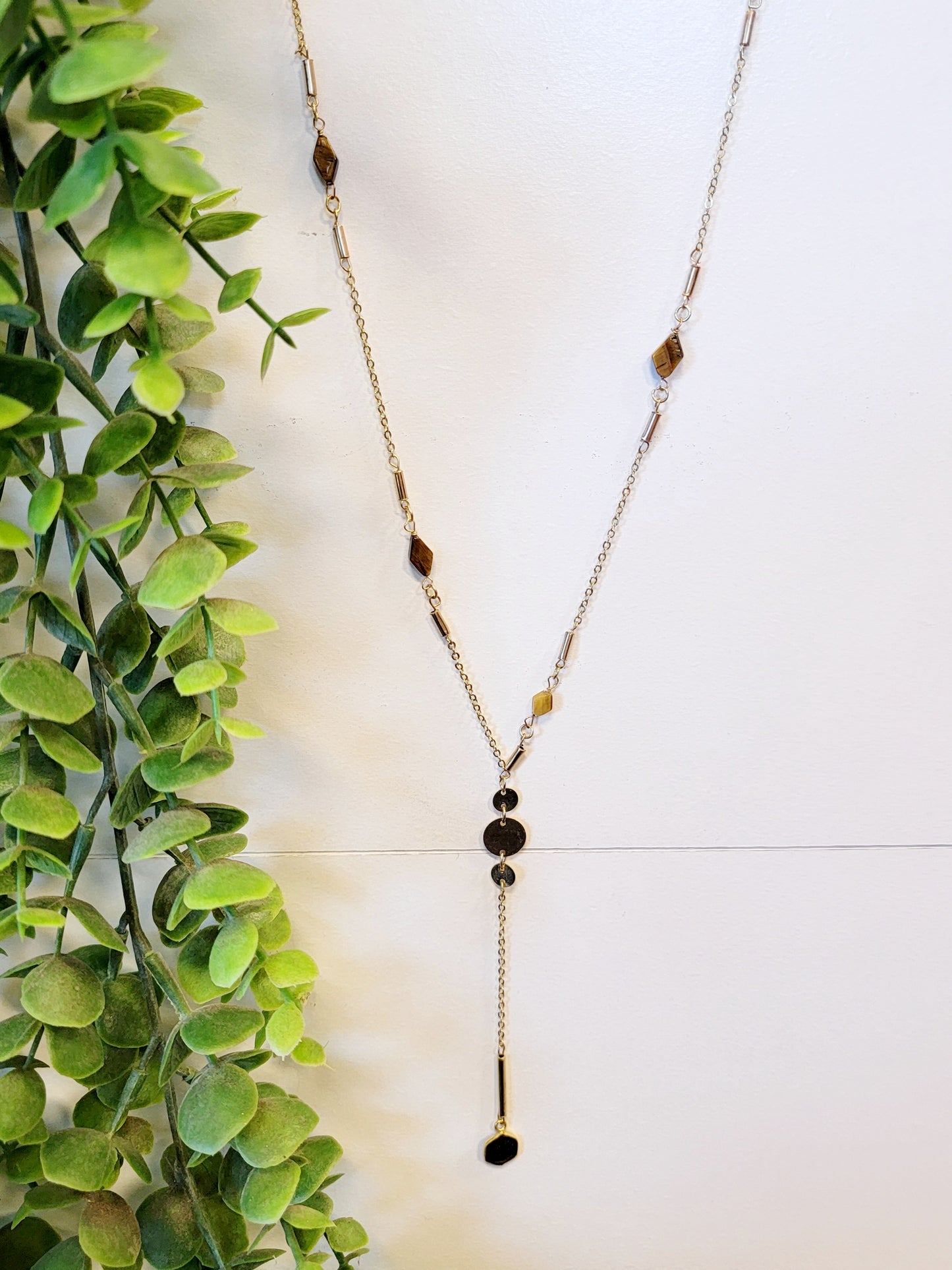 Gold & Brown Beaded Lariat Necklace