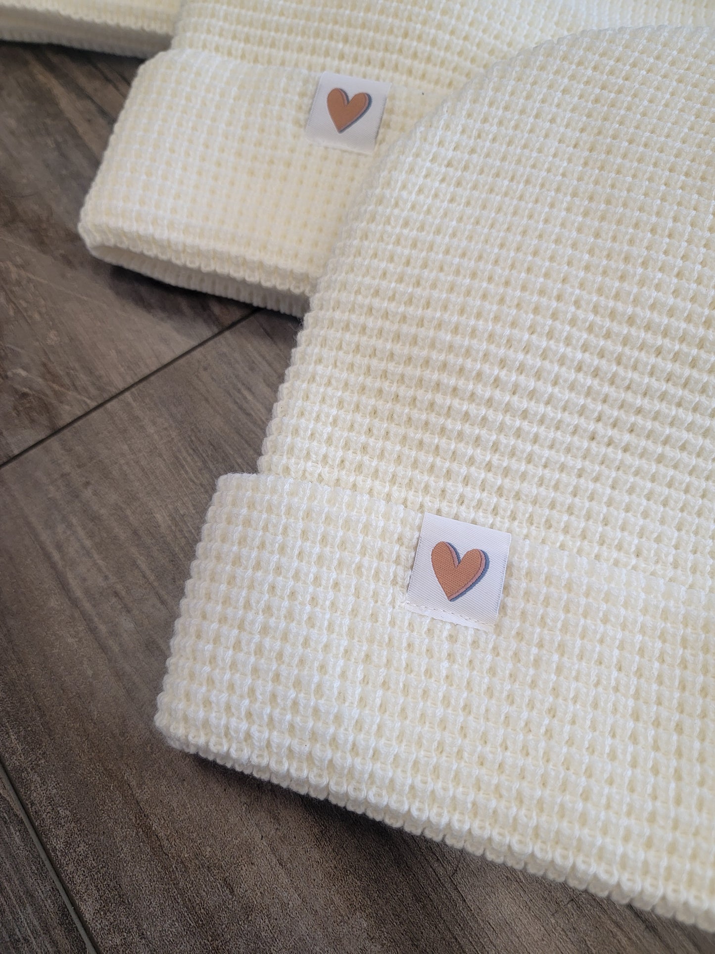 Cream Waffle Knit Heart Beanie