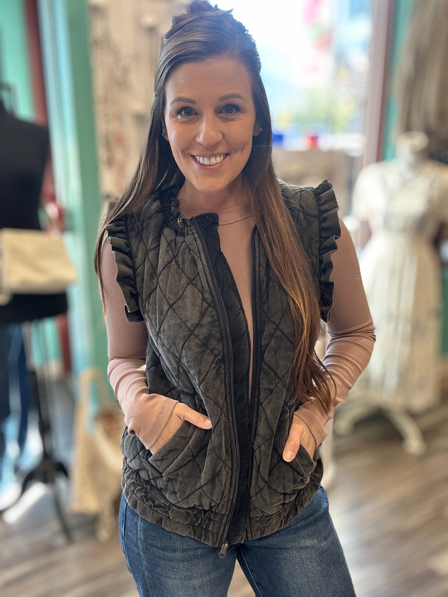 Washed Quilted Ruffle Sleeve Vest