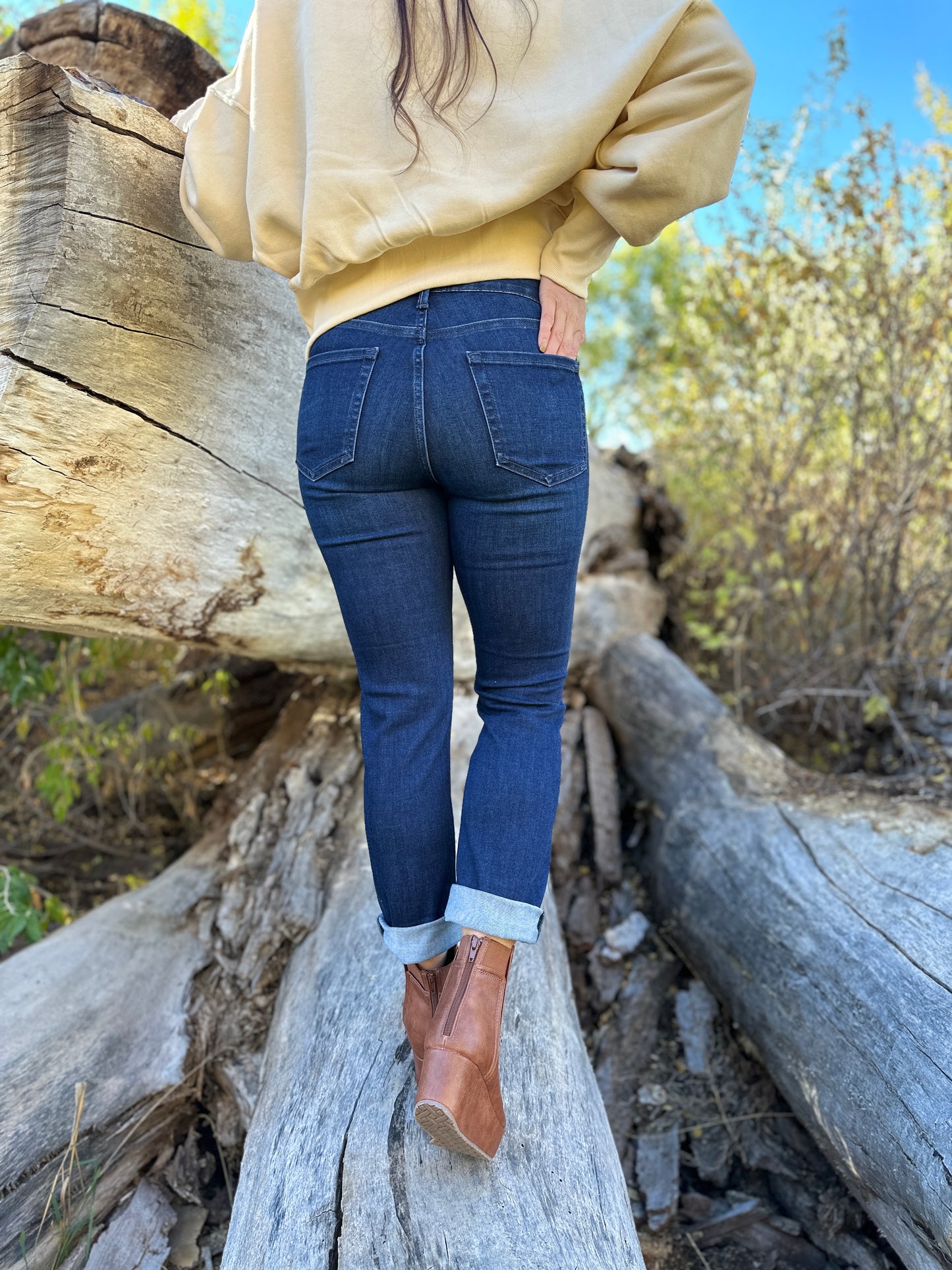 Mid Rise Dark Wash "Sadie" Straight Leg