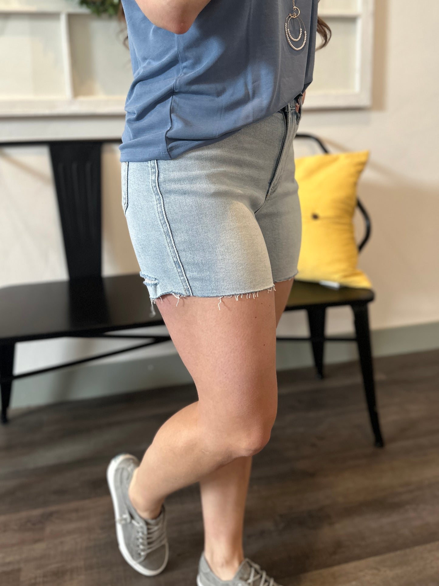 Light Wash High Waist Raw Hem Shorts