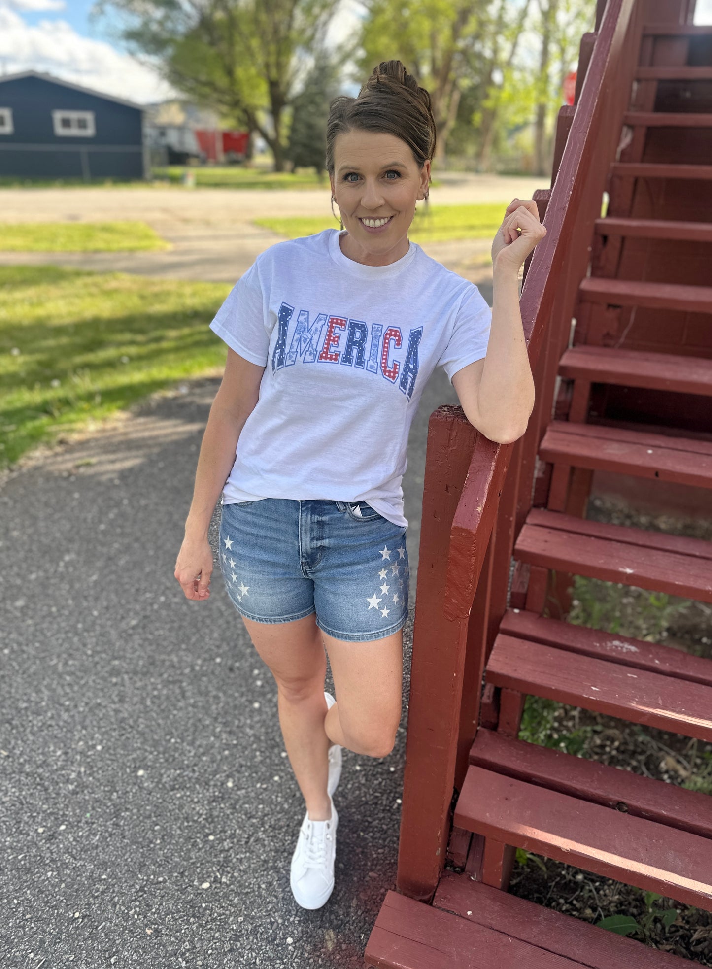 America Faux Applique Short Sleeve