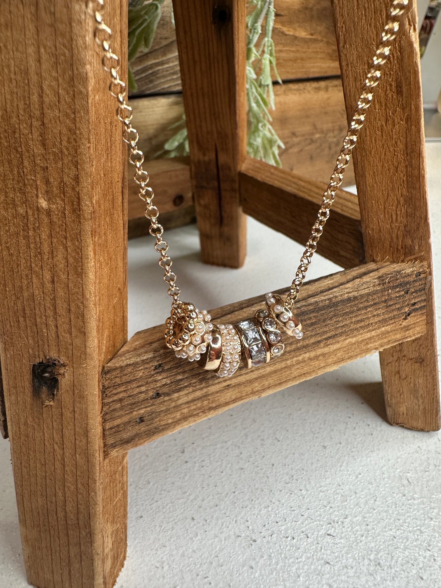 Pearl + Crystal Gold Ring Necklace