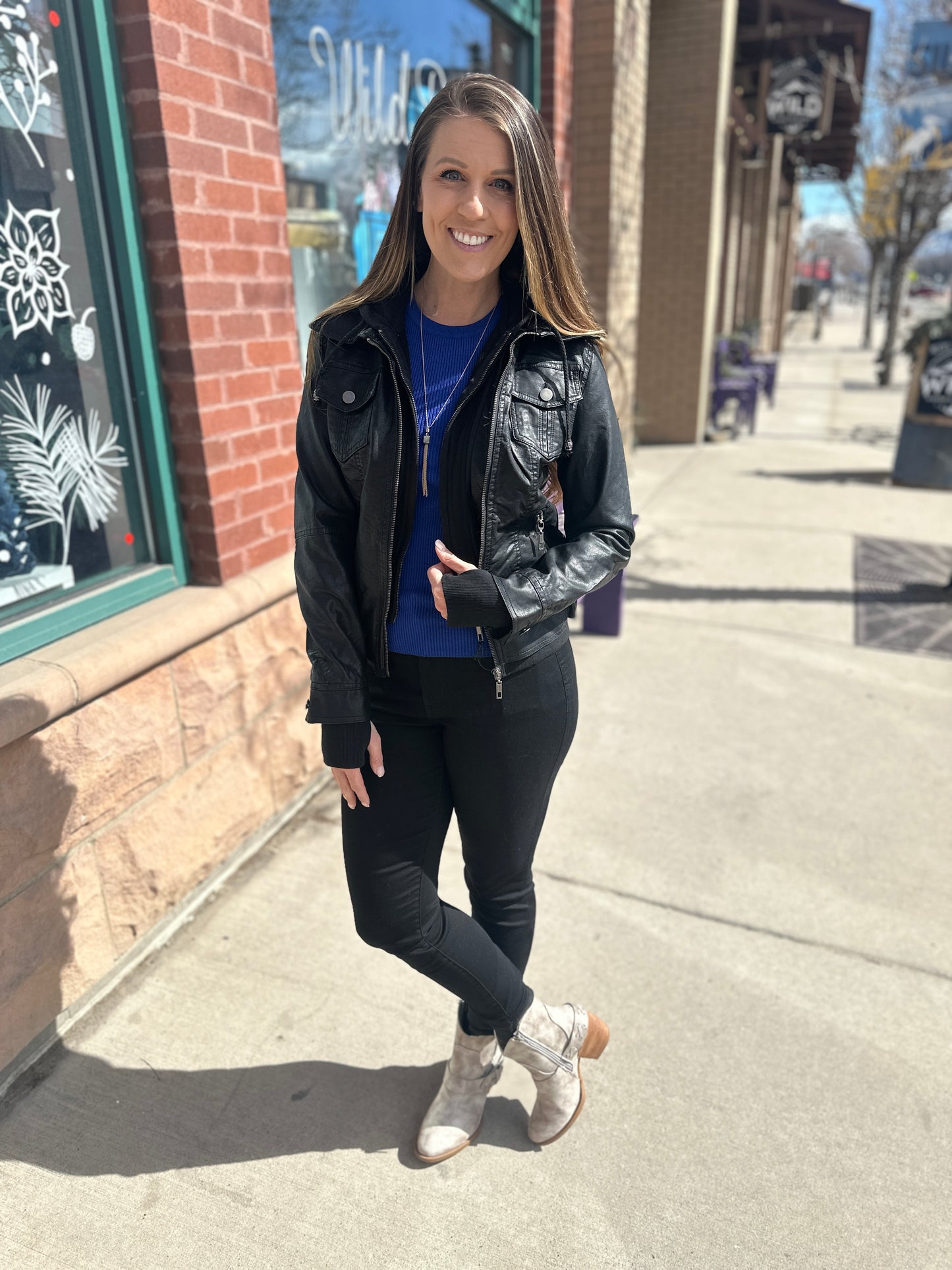 Leather Bomber Jacket with Removable Hood