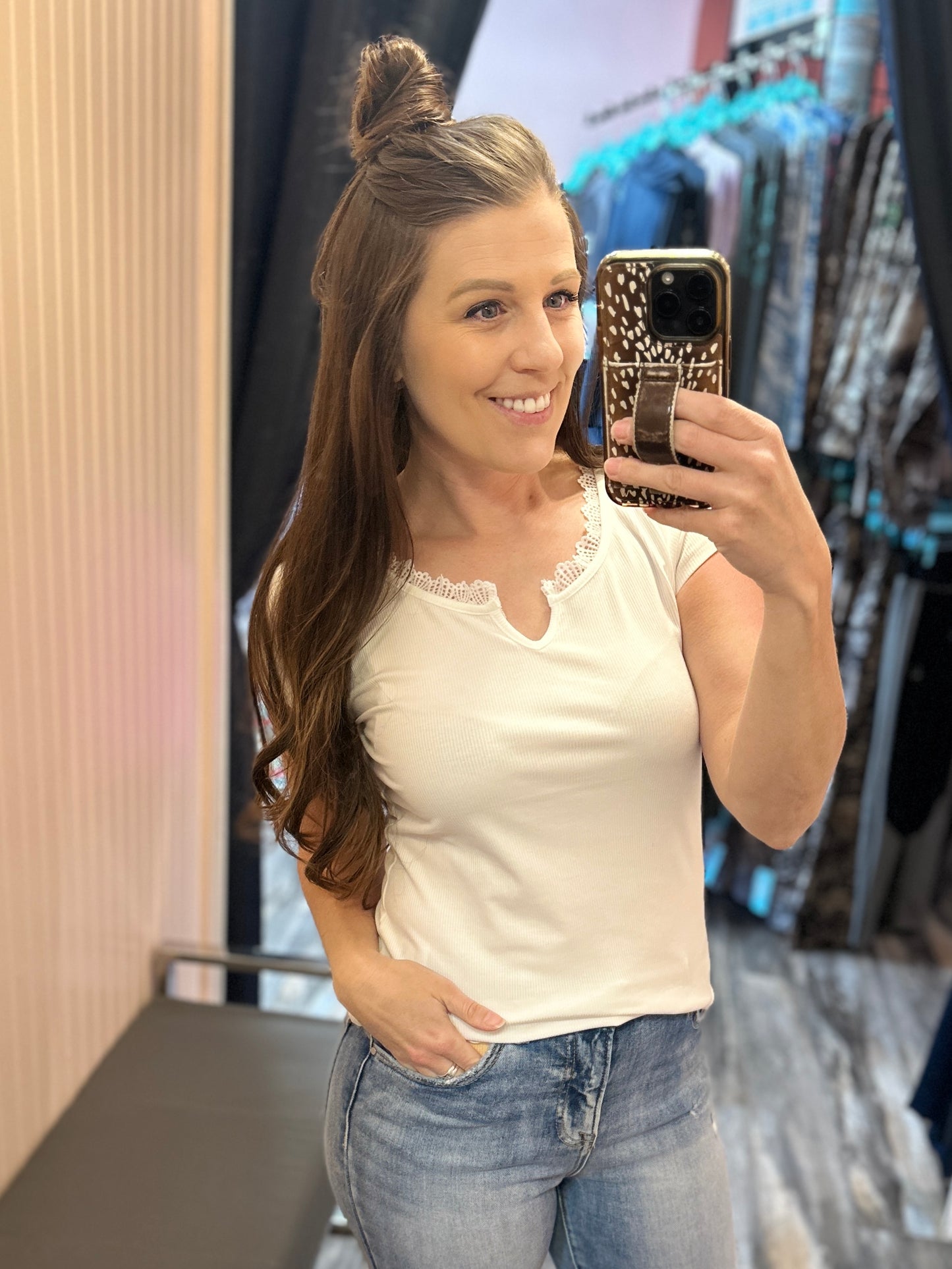Ribbed Short Sleeve with Lace Trim
