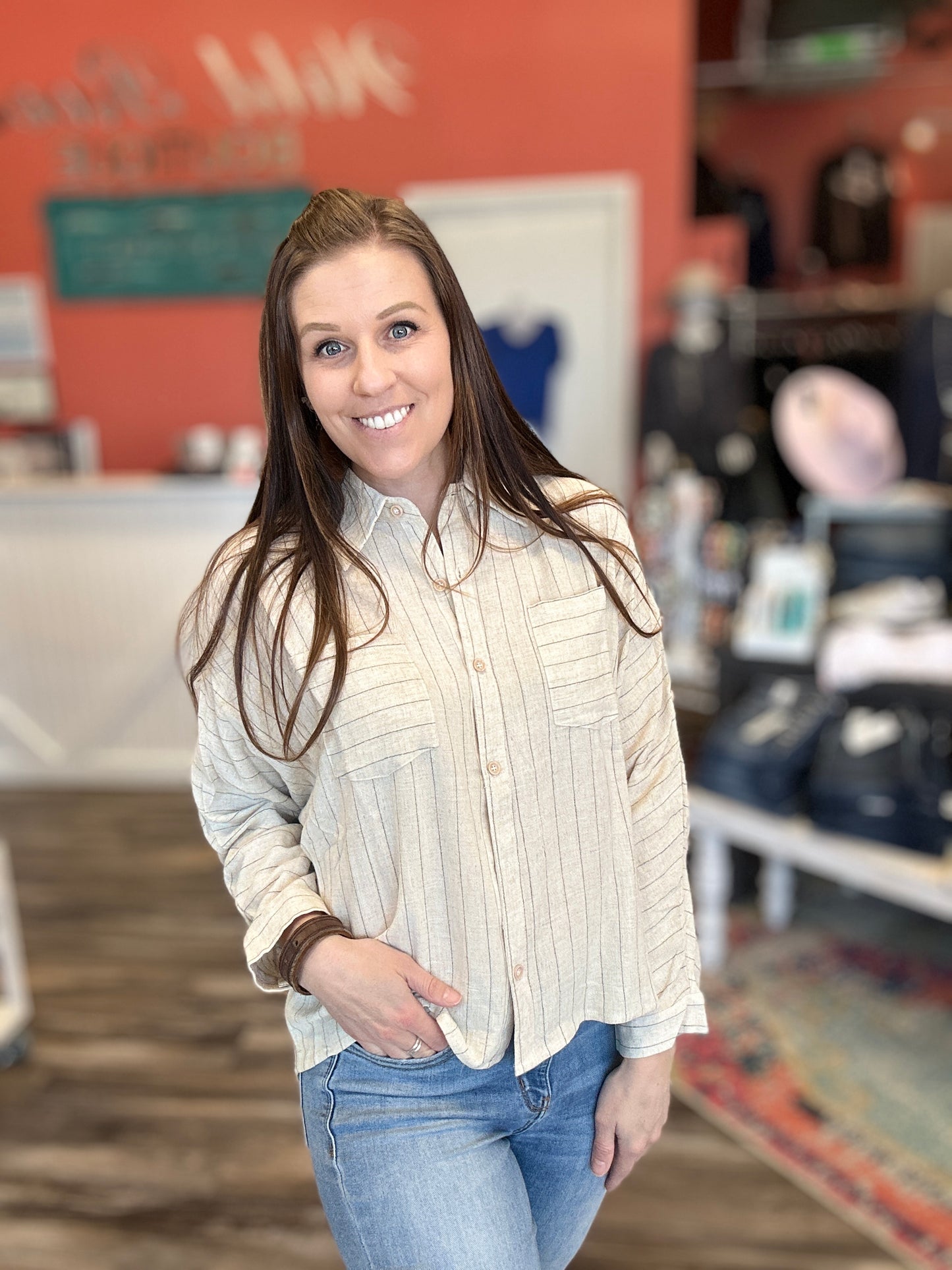 Linen Pinstriped Button Up