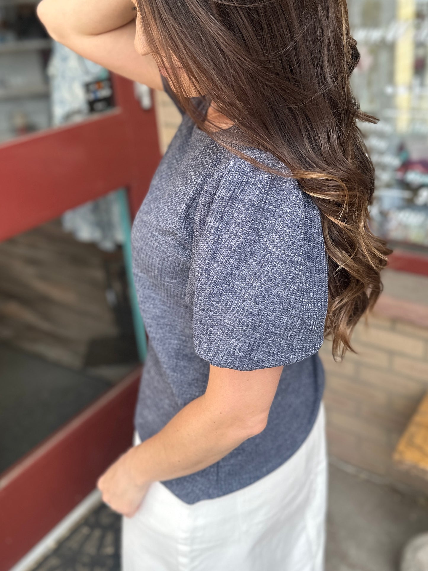 Slate Blue Textured Puff Blouse