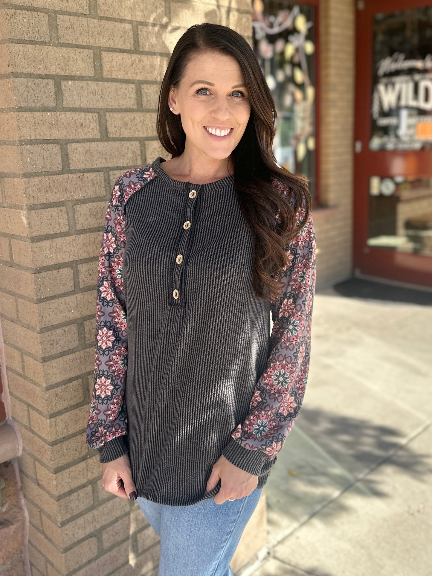 Ribbed Knit & Floral Long Sleeve