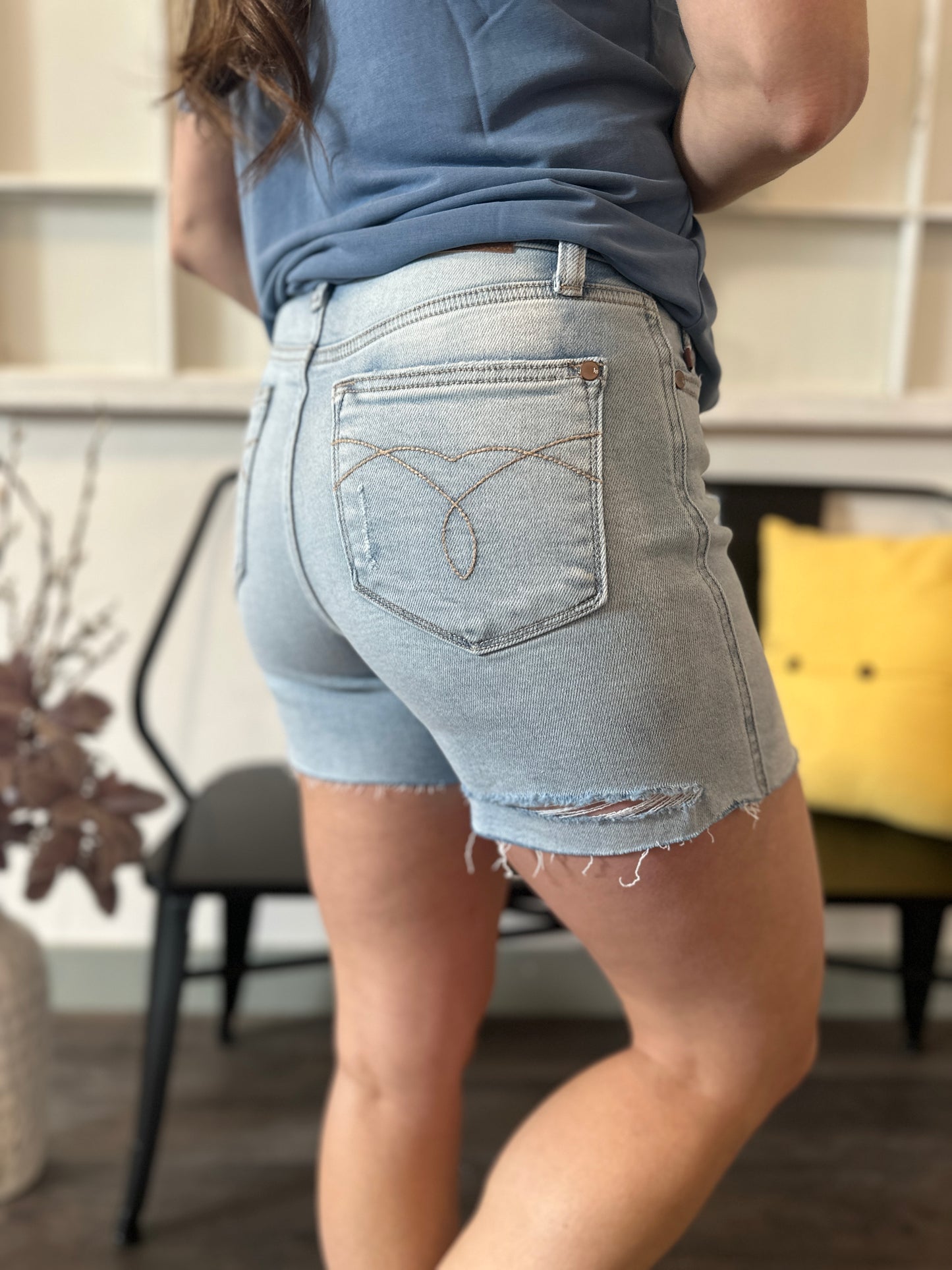 Light Wash High Waist Raw Hem Shorts