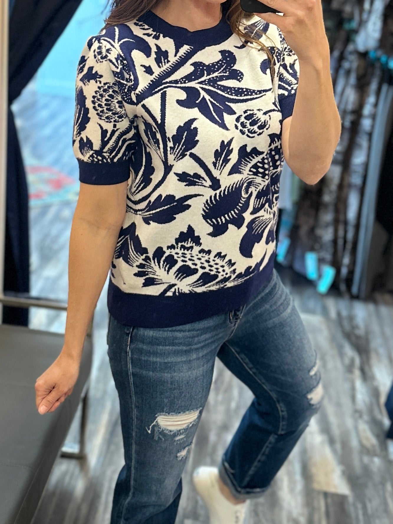 Blue Floral Short Sleeve Sweater