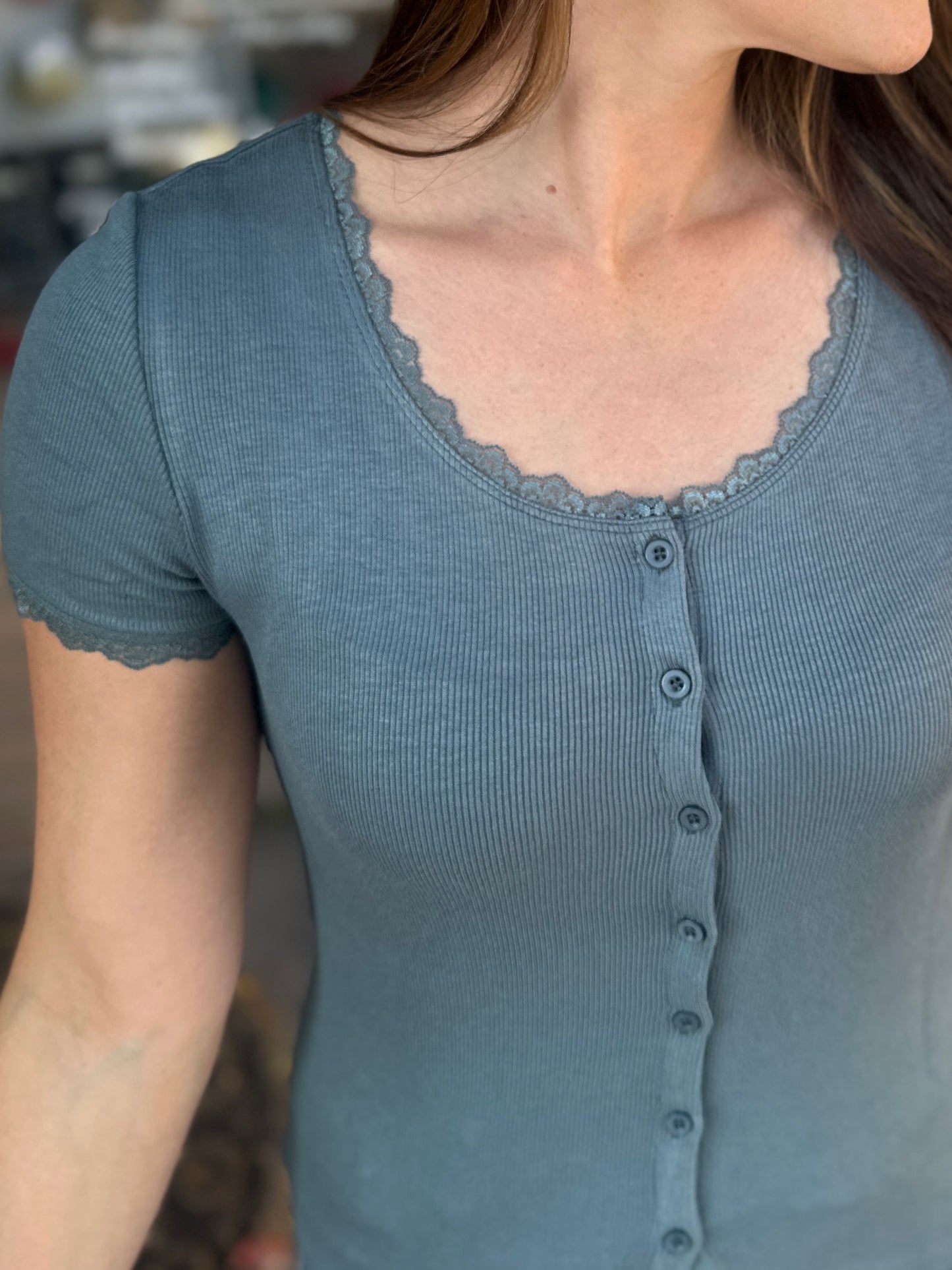 Ribbed Button Up Lace Short Sleeve