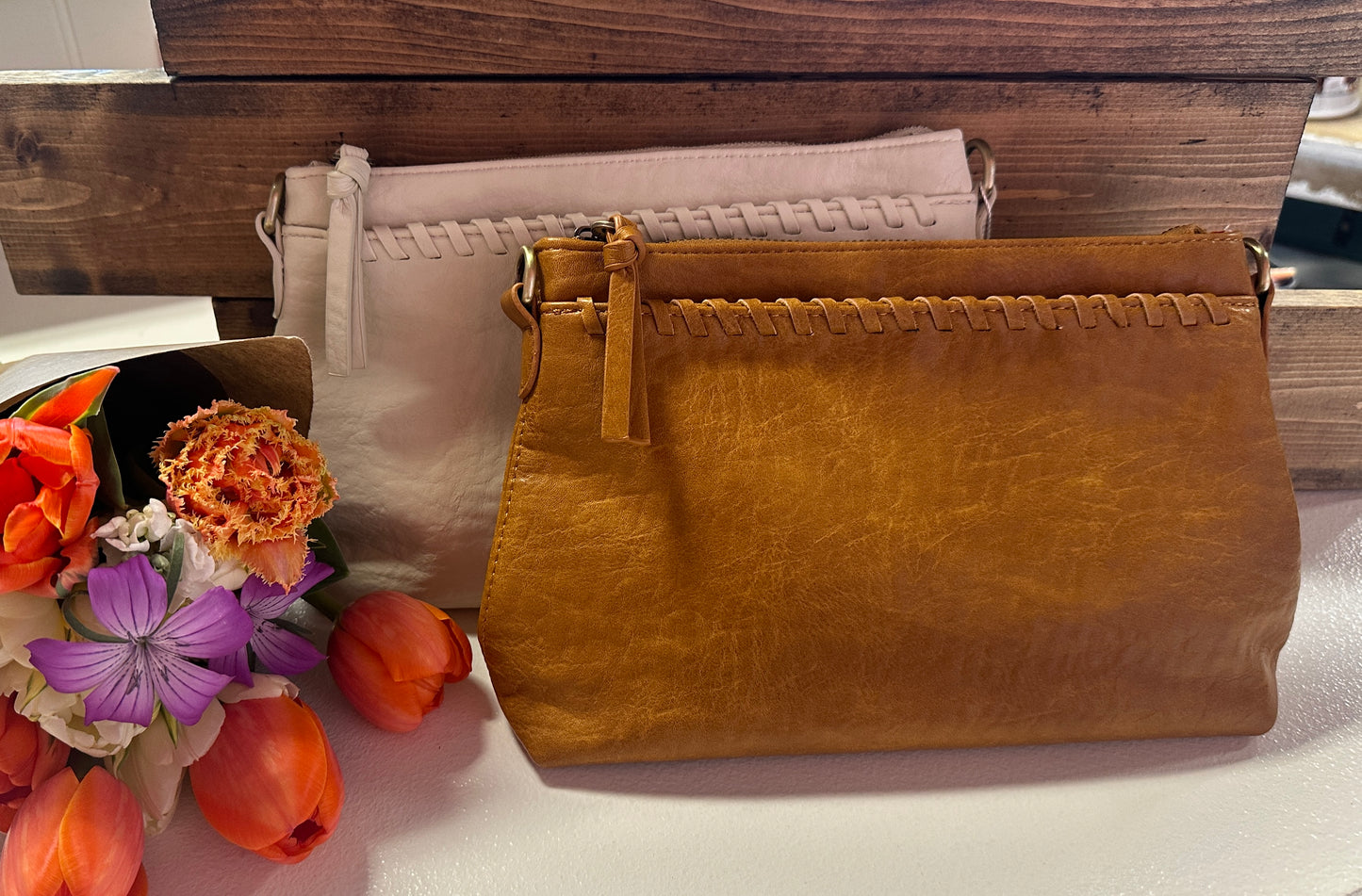 Whipstitch Topzip Wristlet/Crossbody Bag