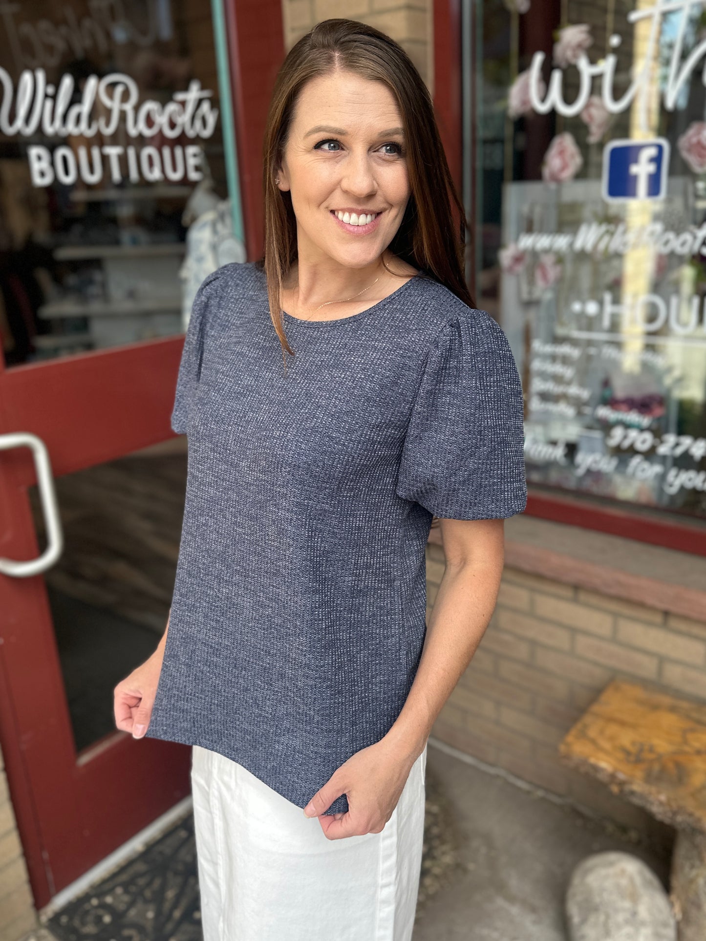 Slate Blue Textured Puff Blouse