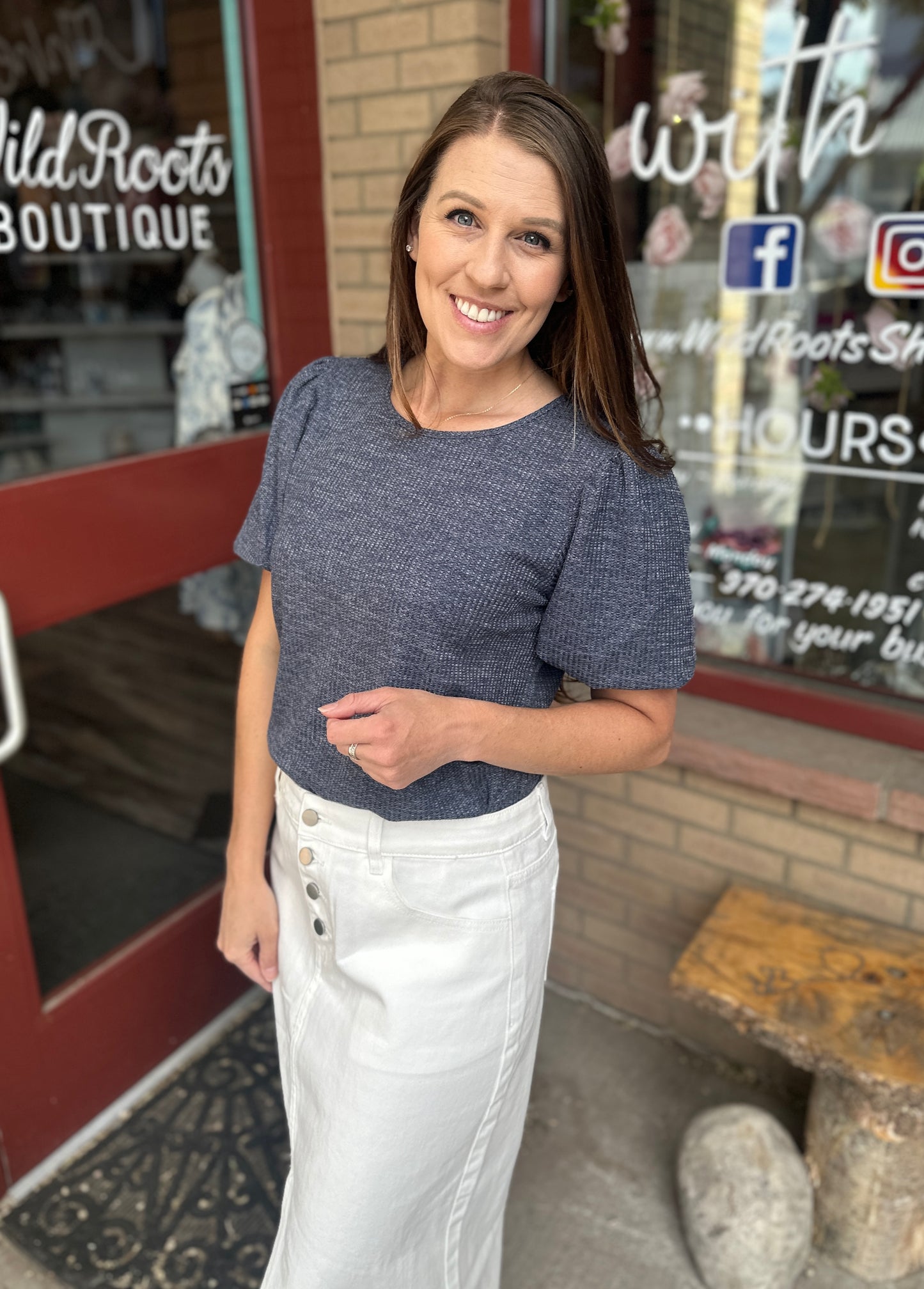 Slate Blue Textured Puff Blouse