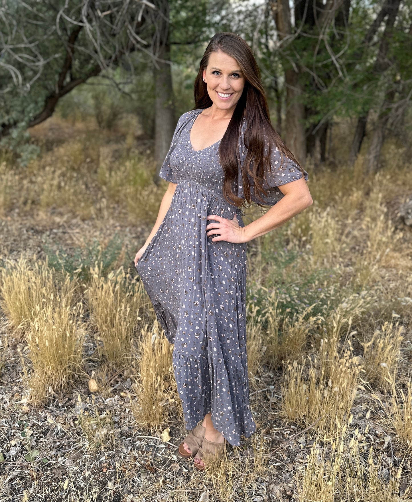 Slate Grey + Floral Smocked Midi Dress