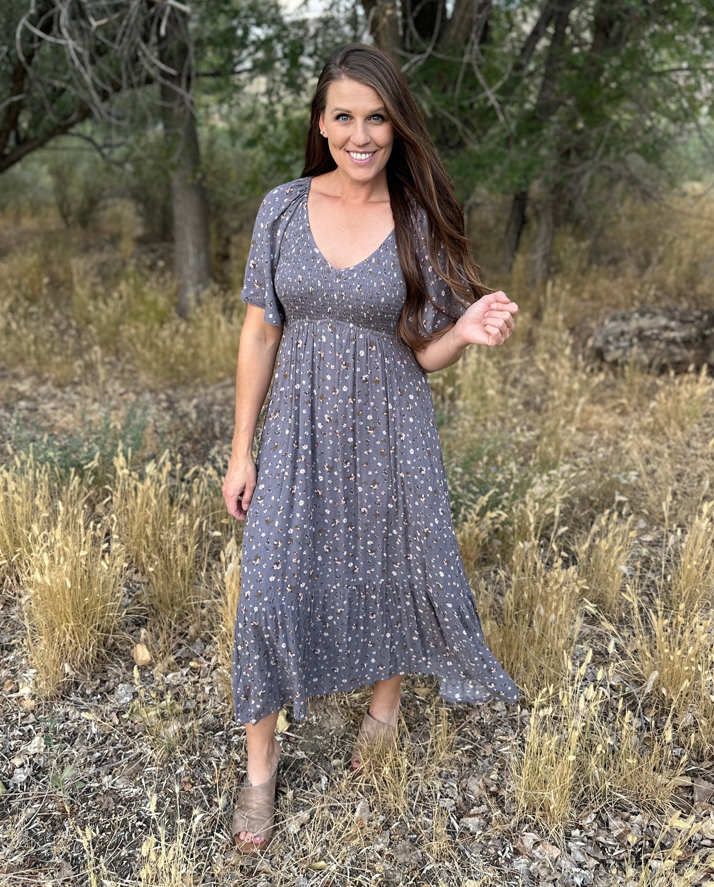 Slate Grey + Floral Smocked Midi Dress