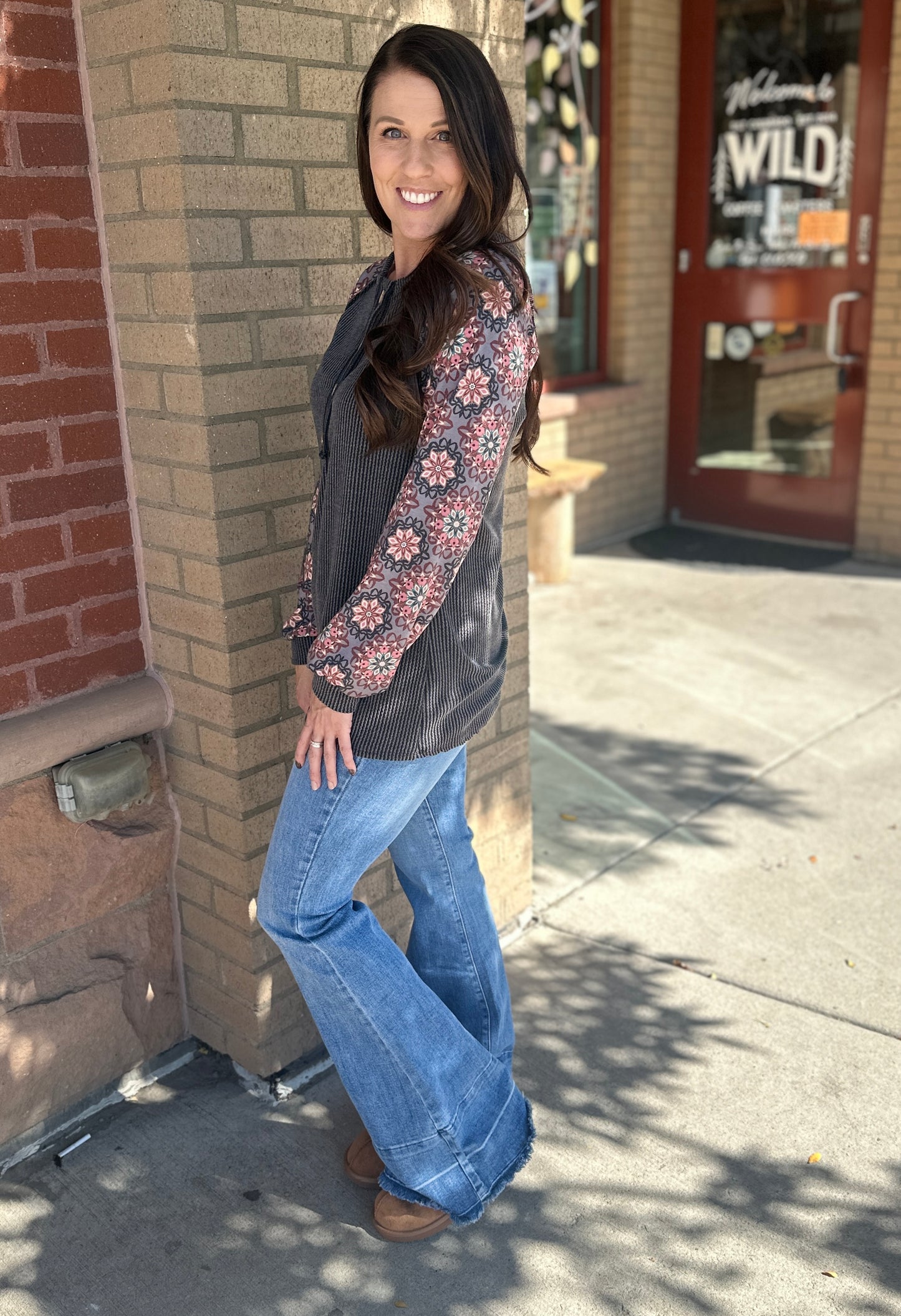 Ribbed Knit & Floral Long Sleeve