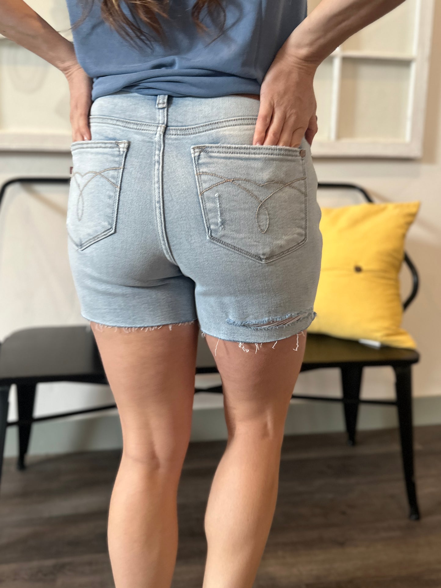 Light Wash High Waist Raw Hem Shorts