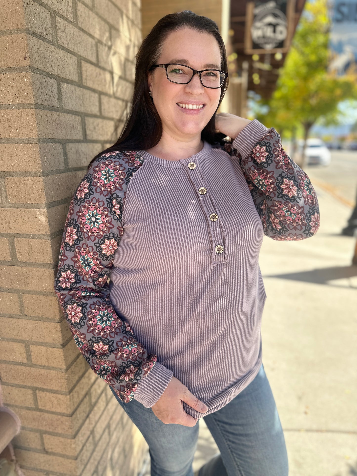 Ribbed Knit & Floral Long Sleeve