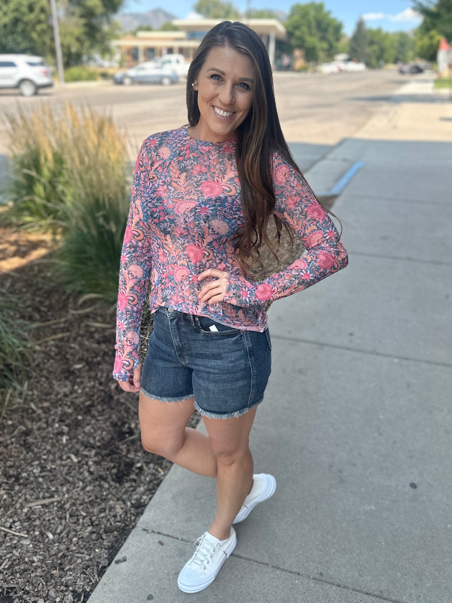 Pink Floral Mesh Top