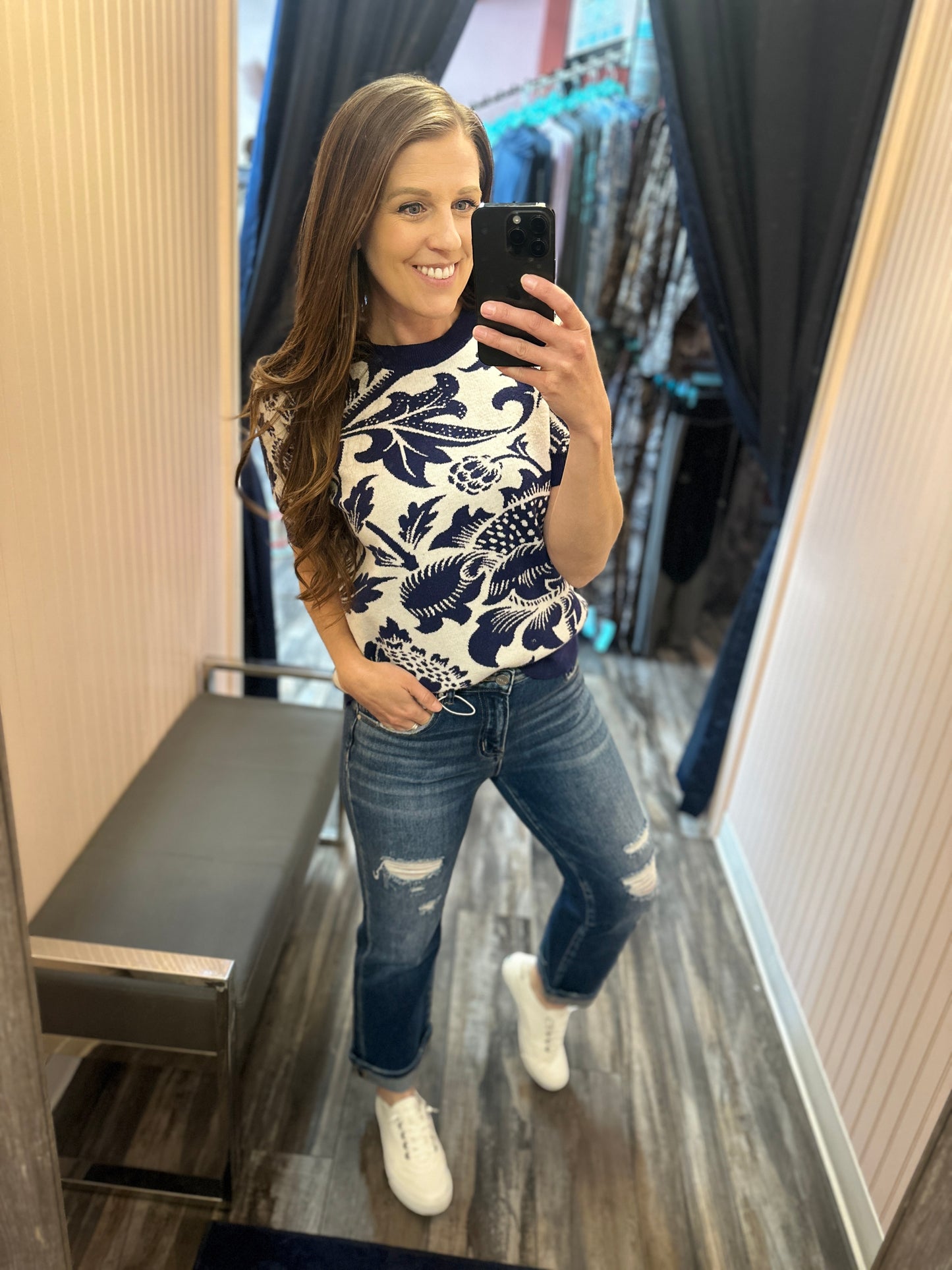 Blue Floral Short Sleeve Sweater
