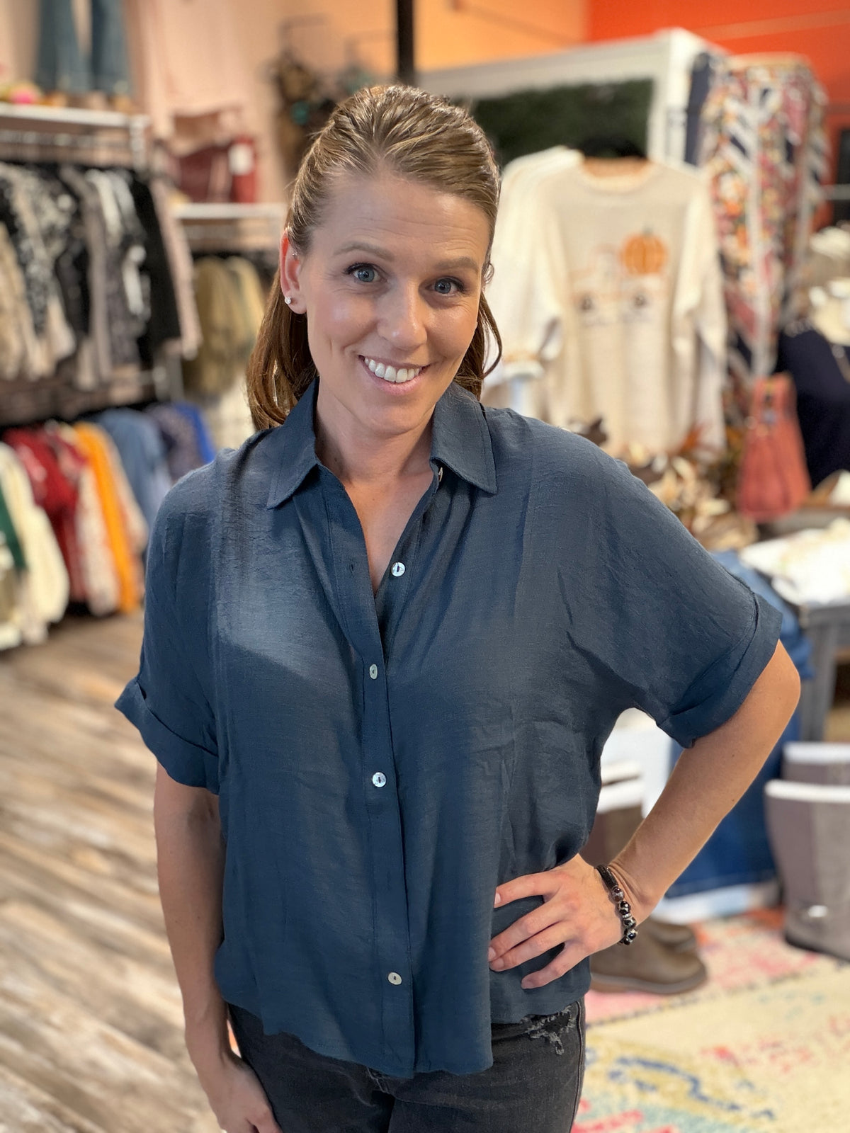 Dark Teal Button Down Short Sleeve