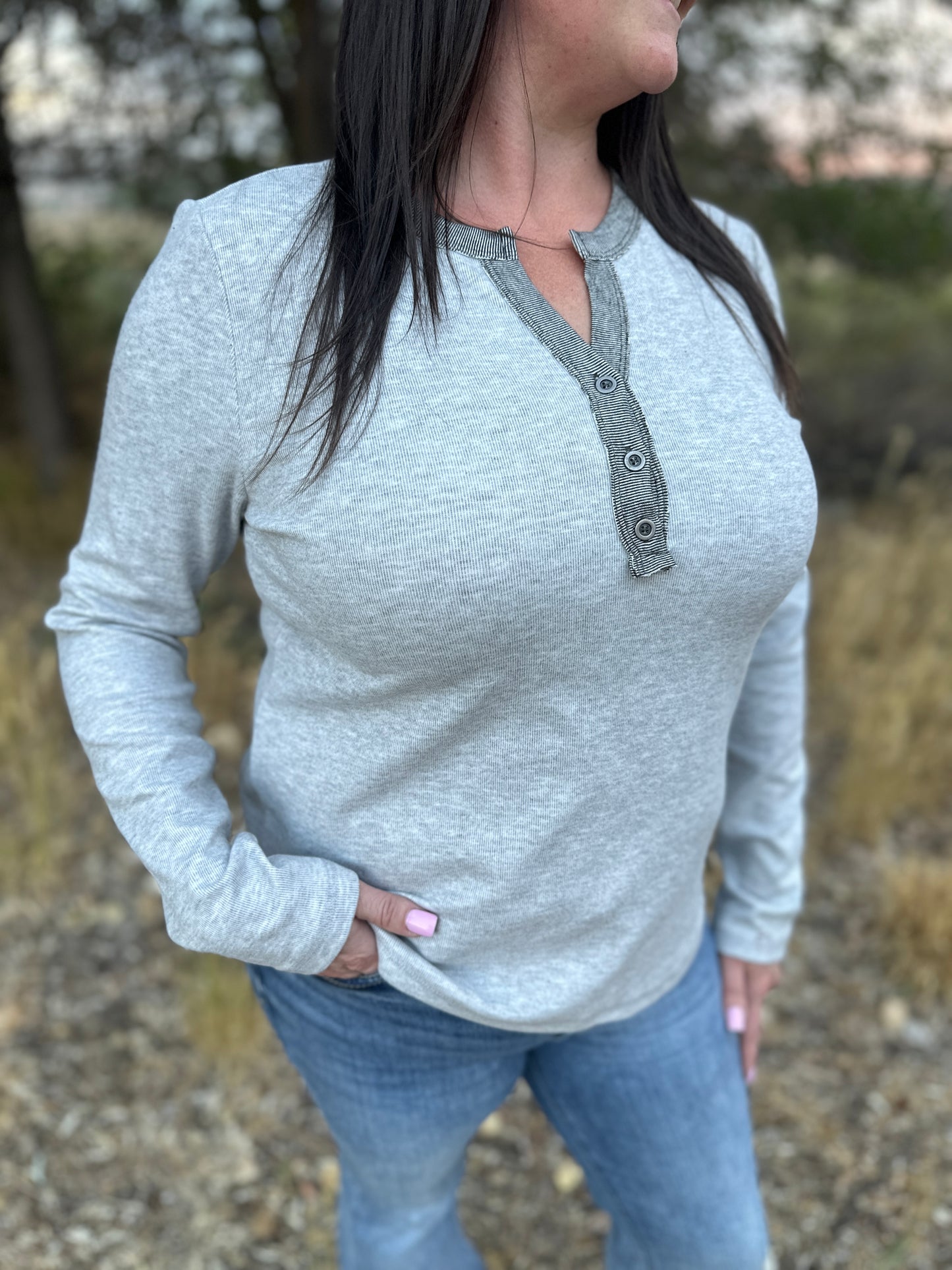 Contrast Buttoned Henley Long Sleeve