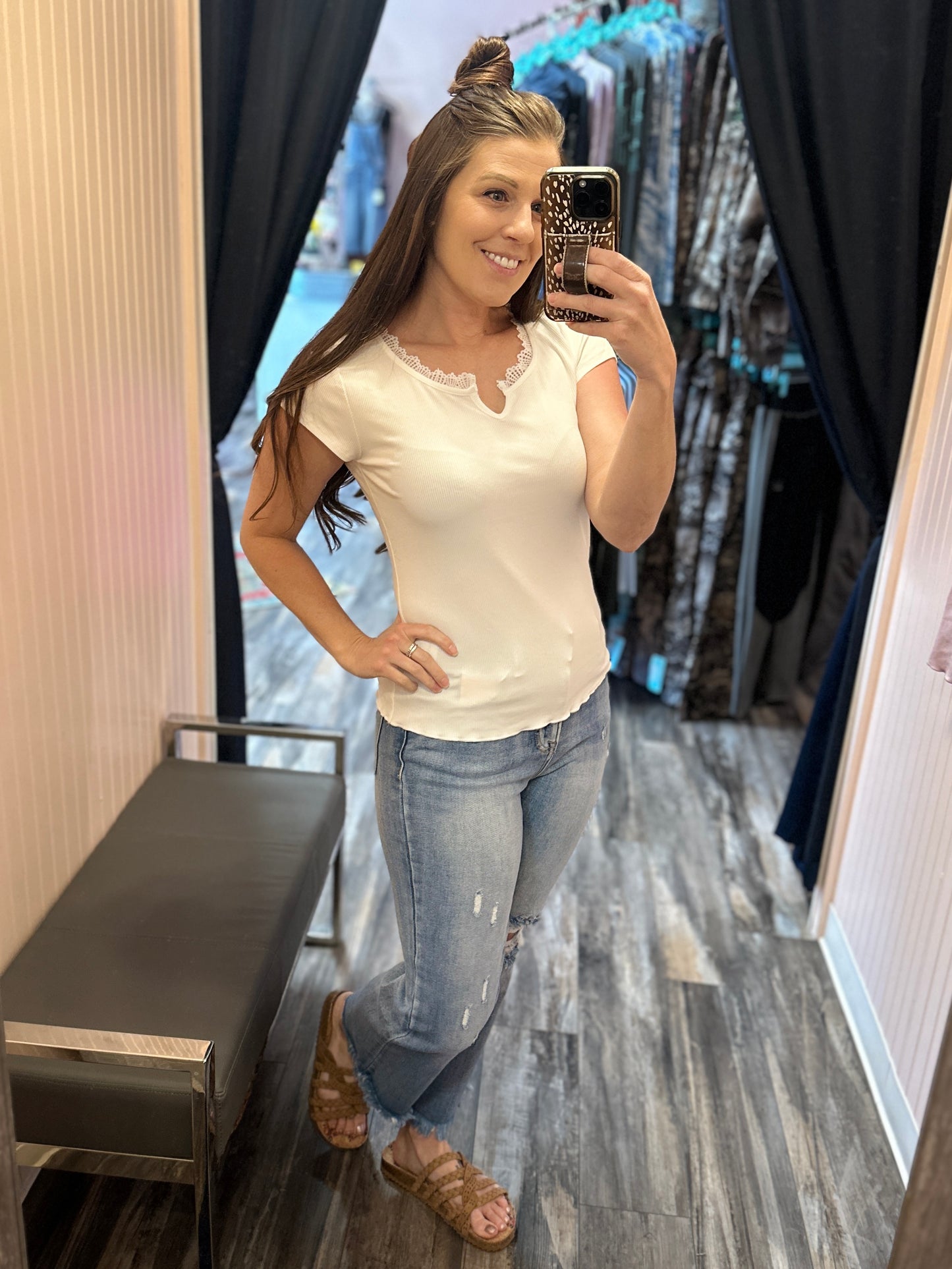 Ribbed Short Sleeve with Lace Trim