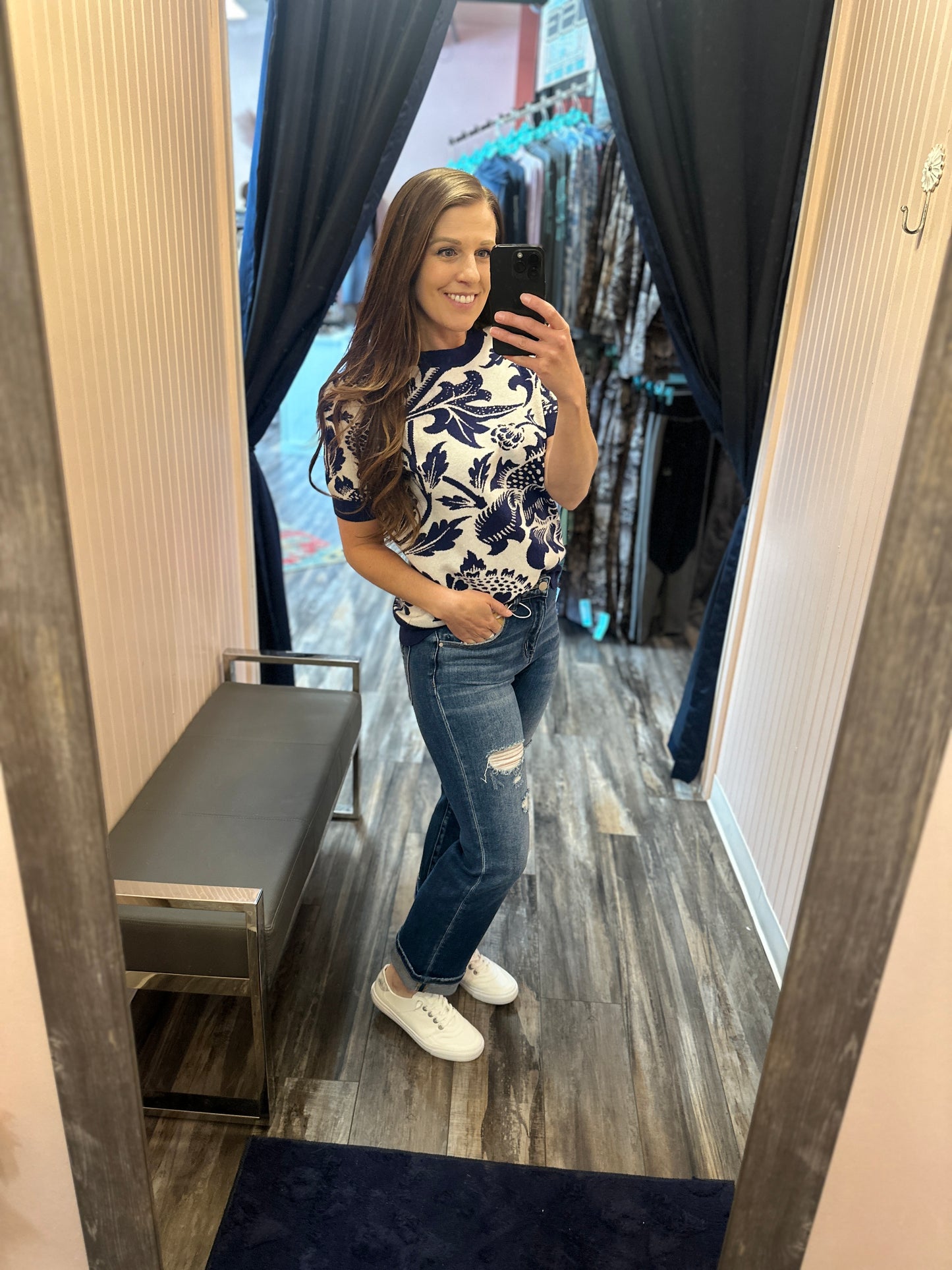 Blue Floral Short Sleeve Sweater