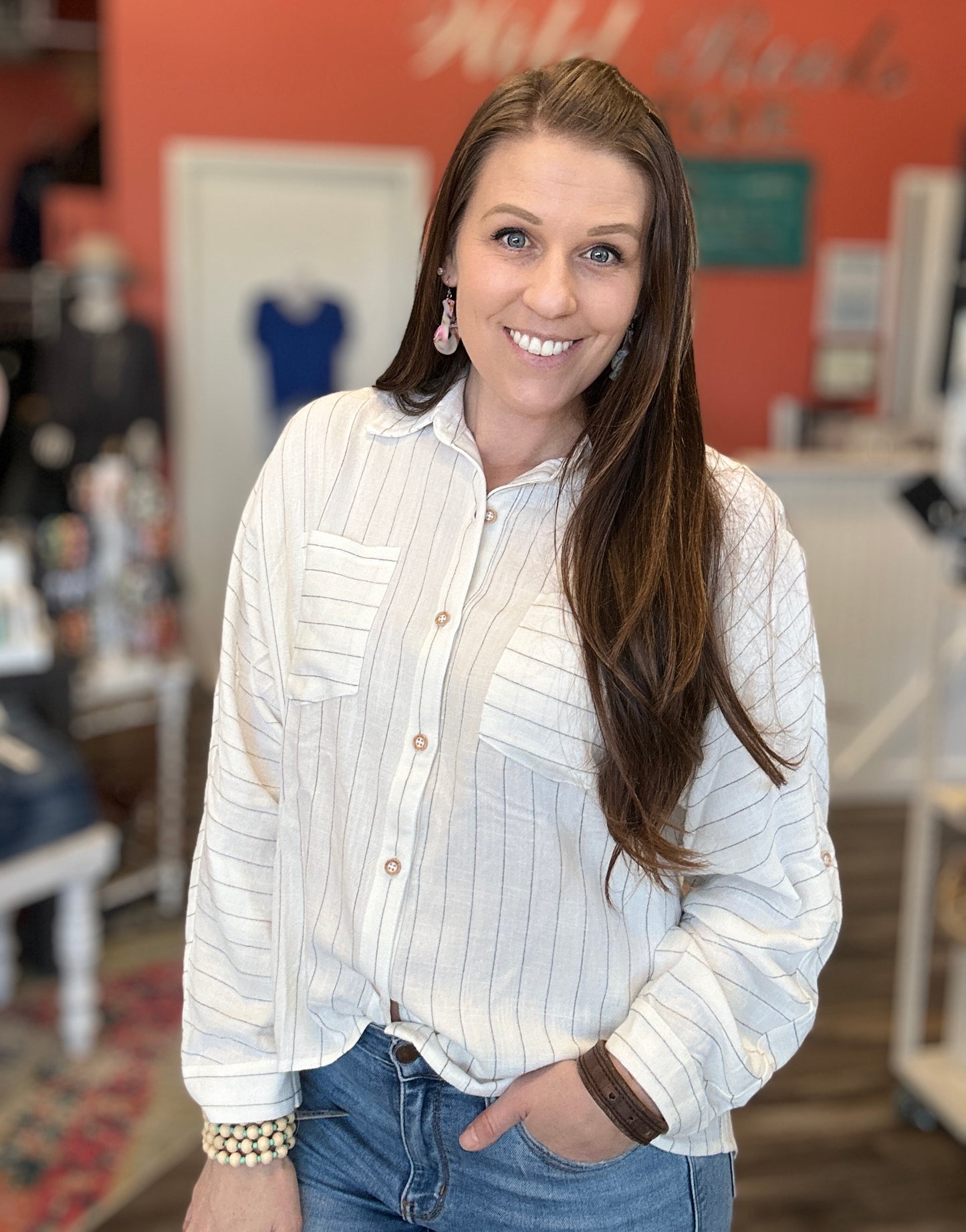 Linen Pinstriped Button Up