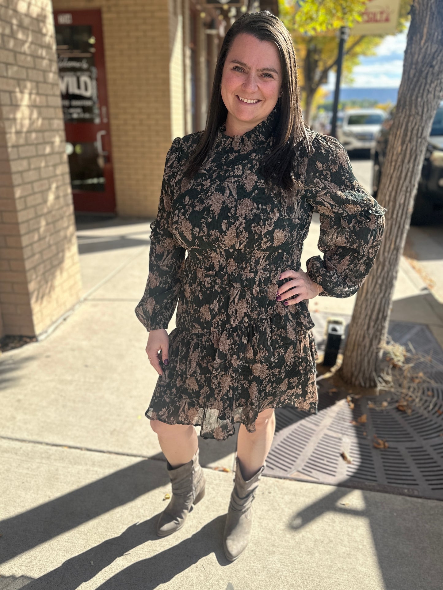 Green and Brown Floral Midi Dress