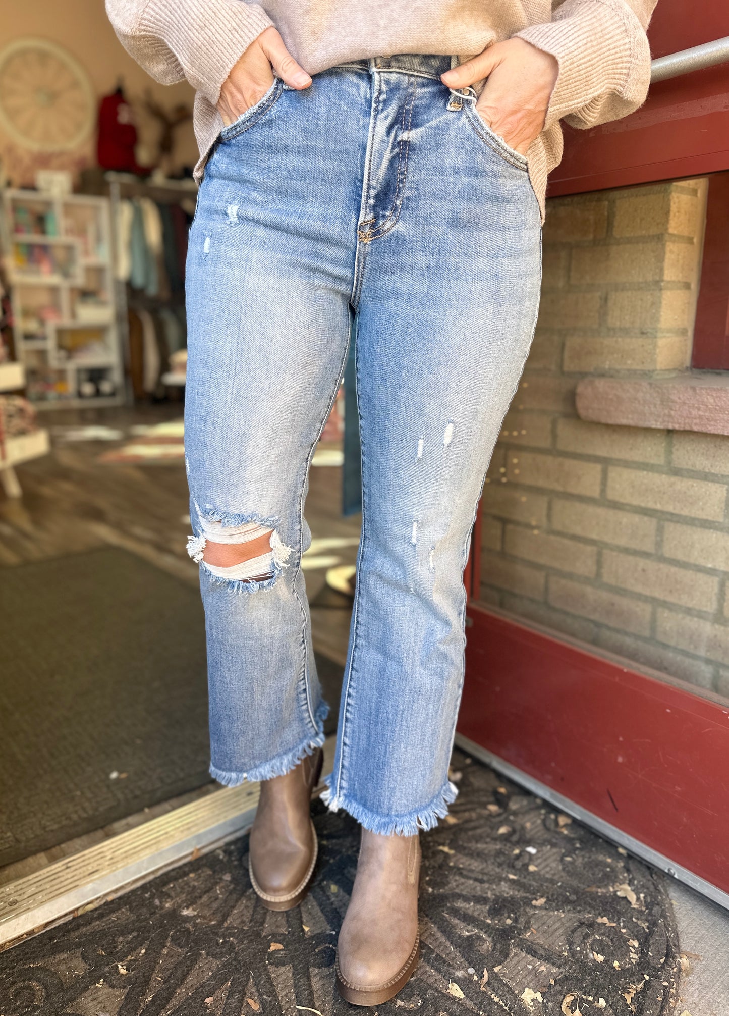Light Wash Frayed Bootcut Jeans