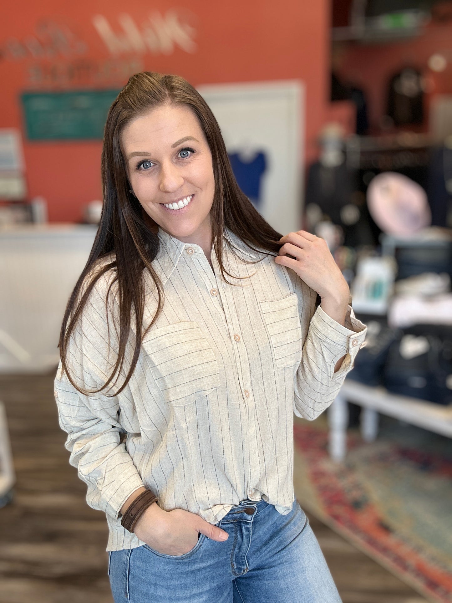 Linen Pinstriped Button Up