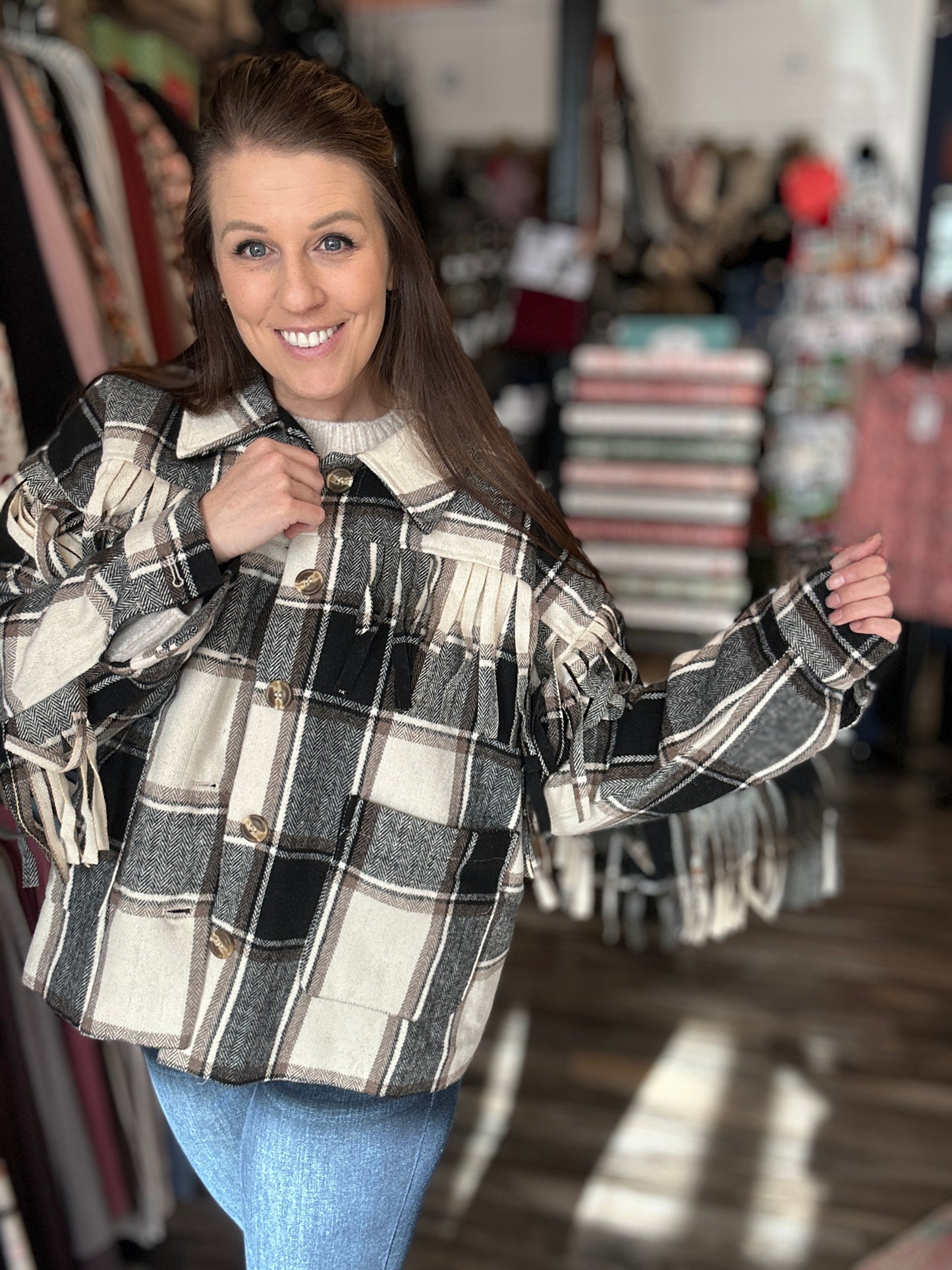 Wool Fringe Plaid Jacket