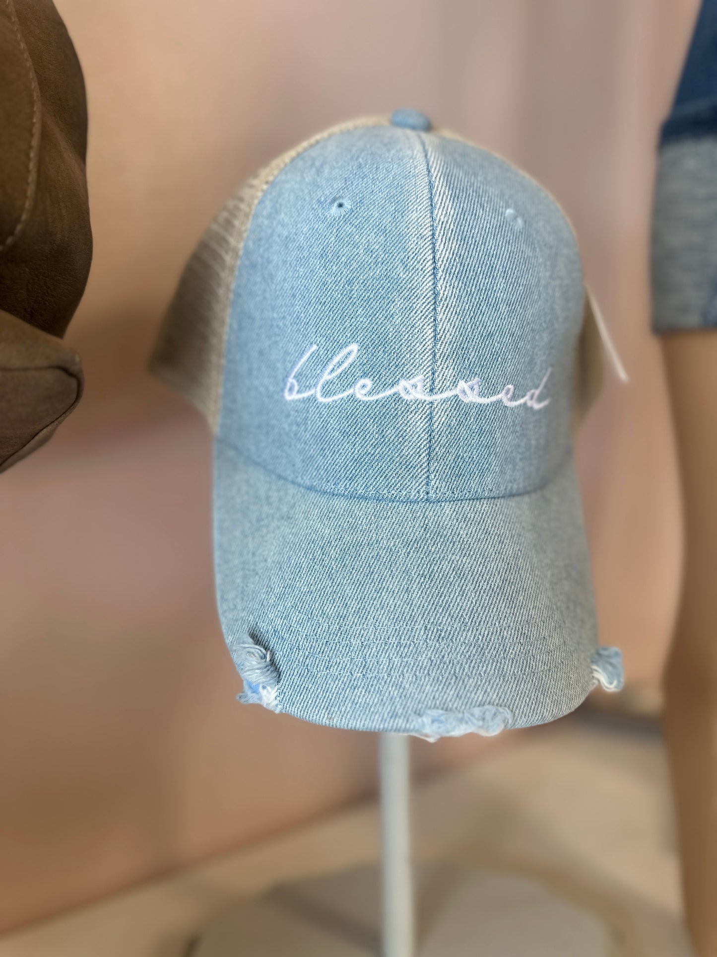 Denim Distressed Blessed Ball Cap