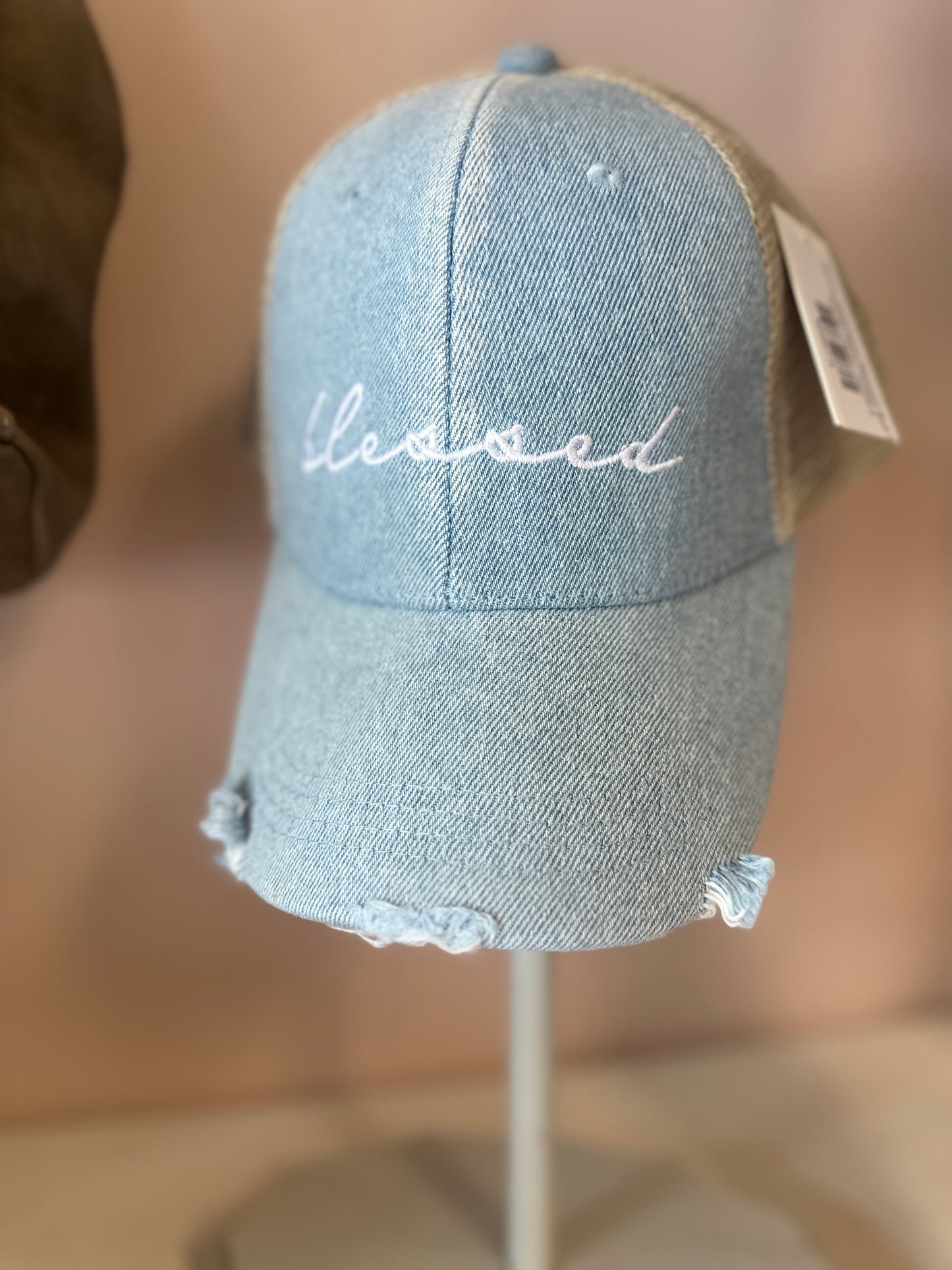 Denim Distressed Blessed Ball Cap