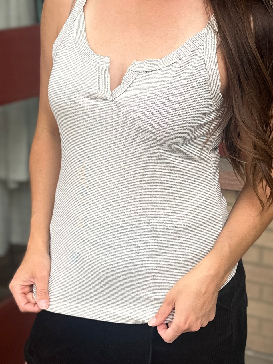 Textured Knit Split V-Neck Tank