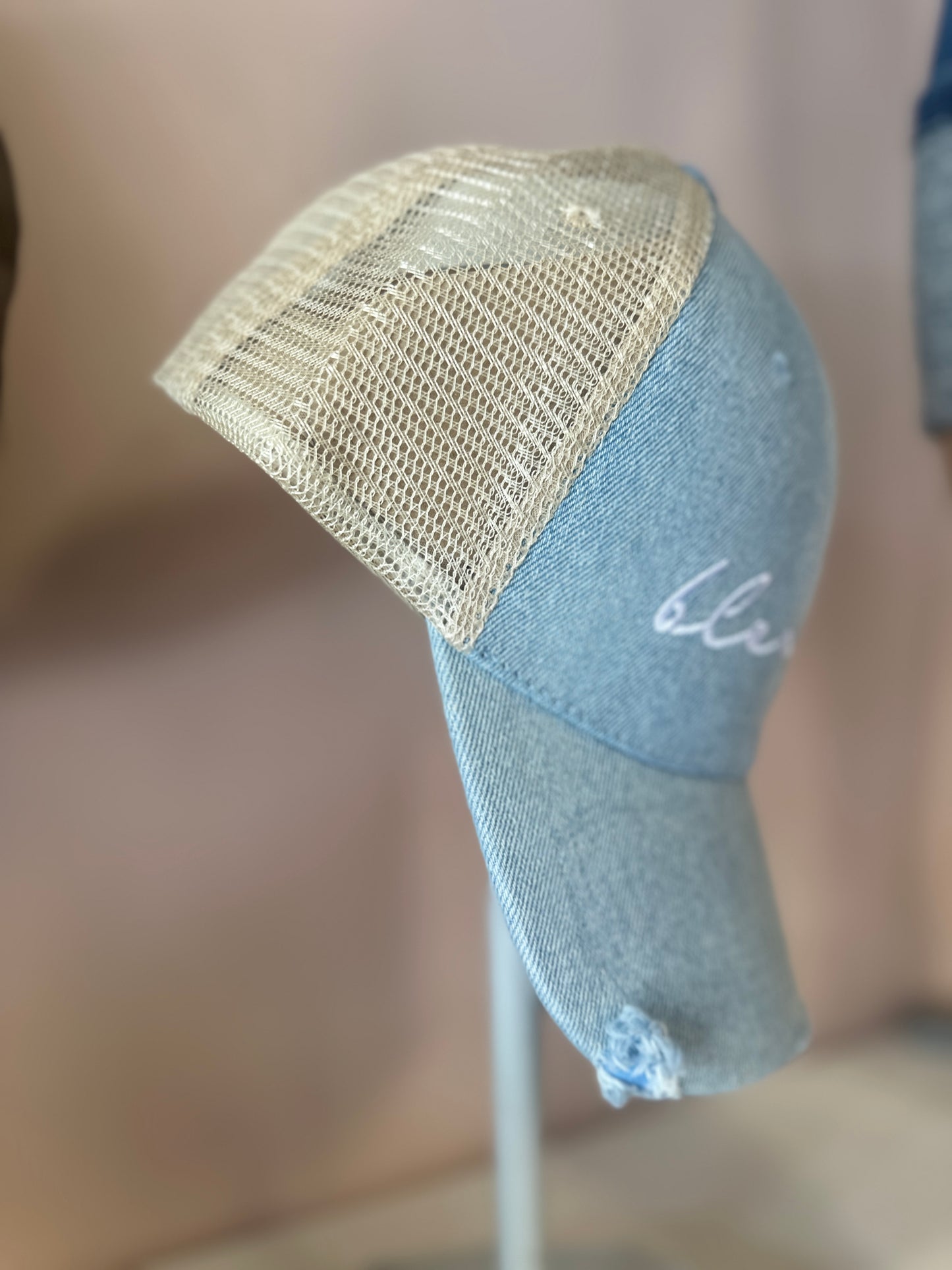 Denim Distressed Blessed Ball Cap