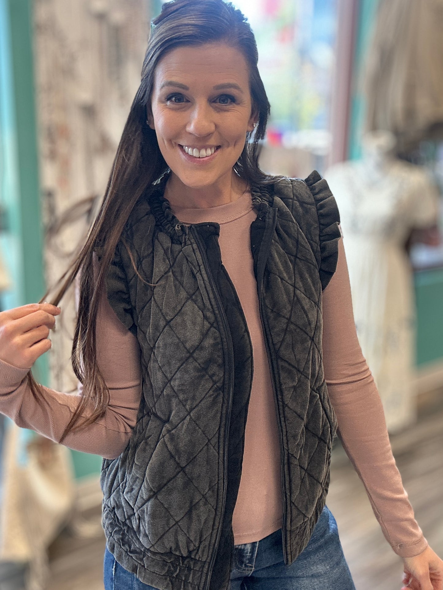 Washed Quilted Ruffle Sleeve Vest