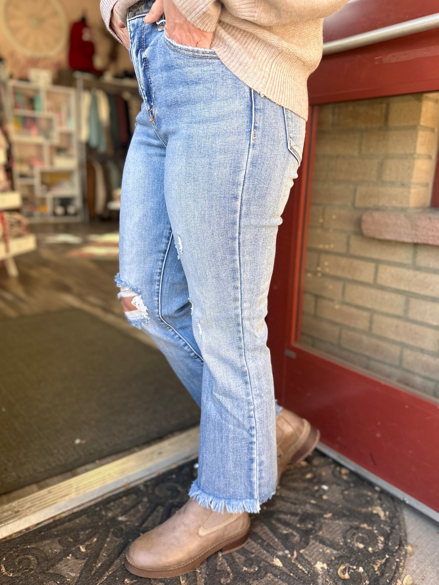 Light Wash Frayed Bootcut Jeans