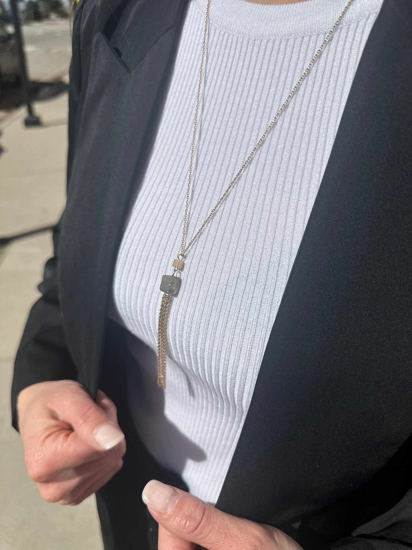Gold Worn Stone Tassel Necklace