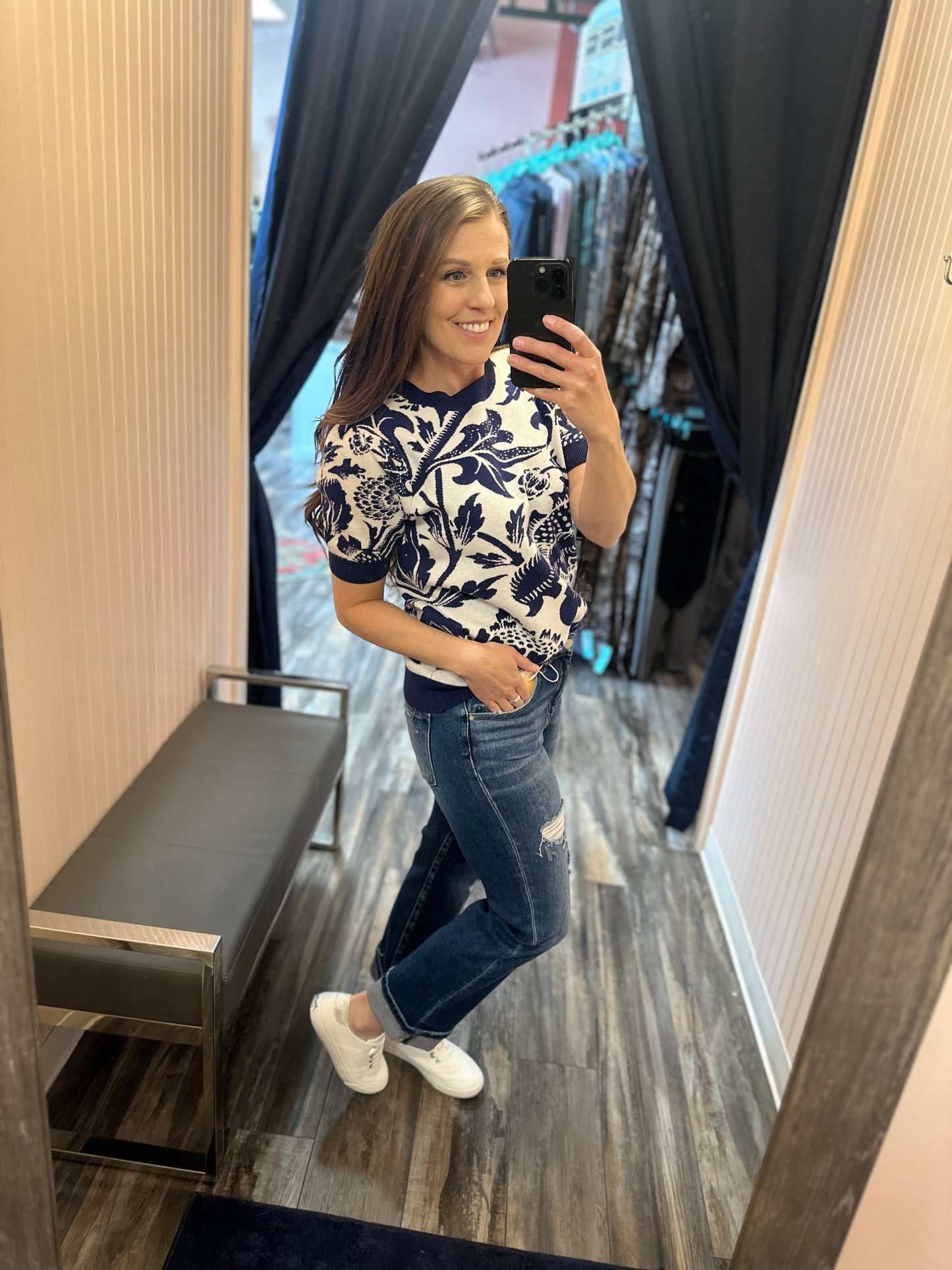 Blue Floral Short Sleeve Sweater