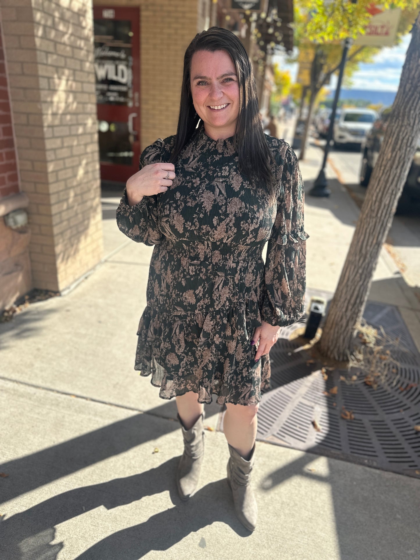Green and Brown Floral Midi Dress