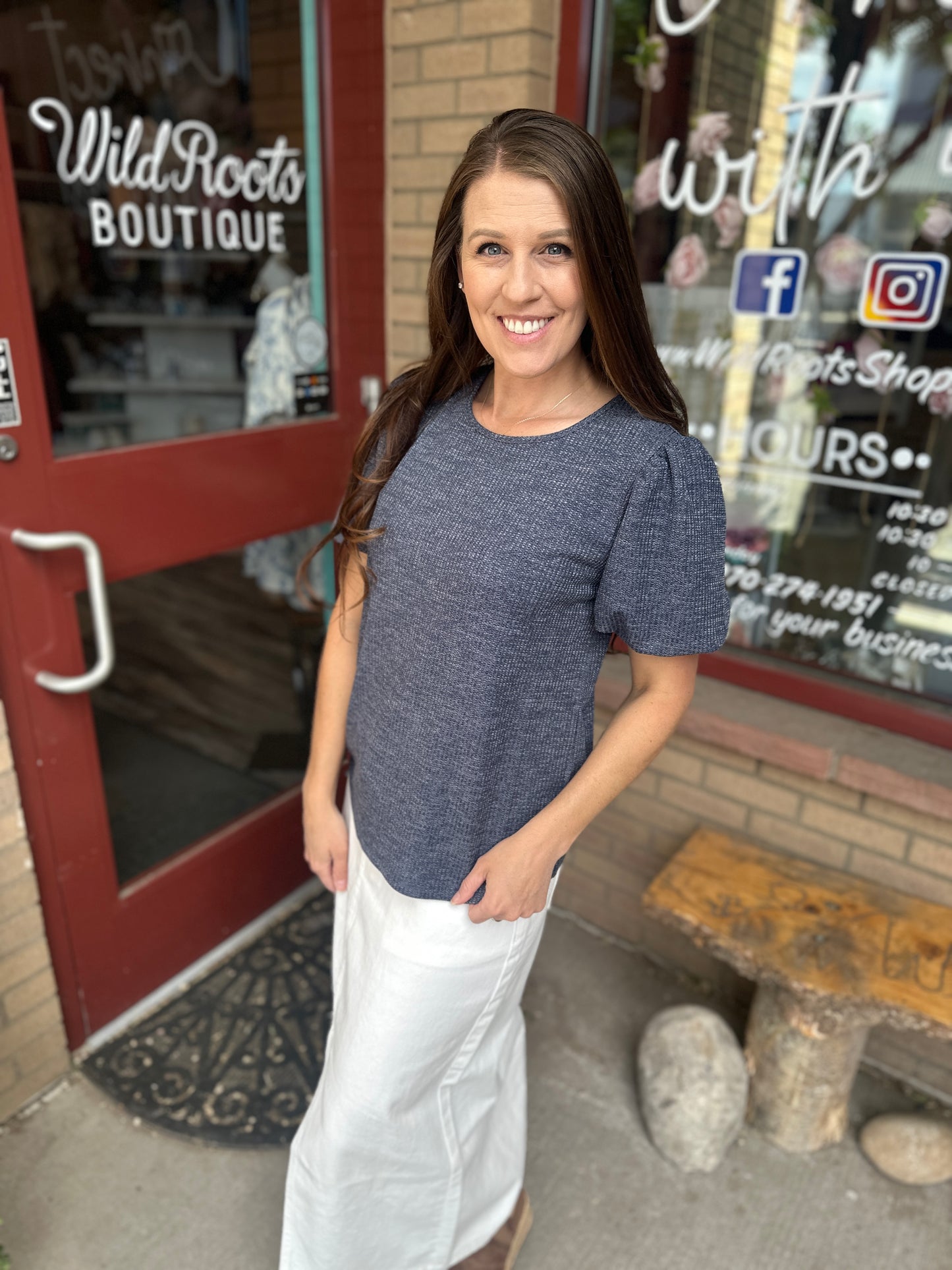 Slate Blue Textured Puff Blouse