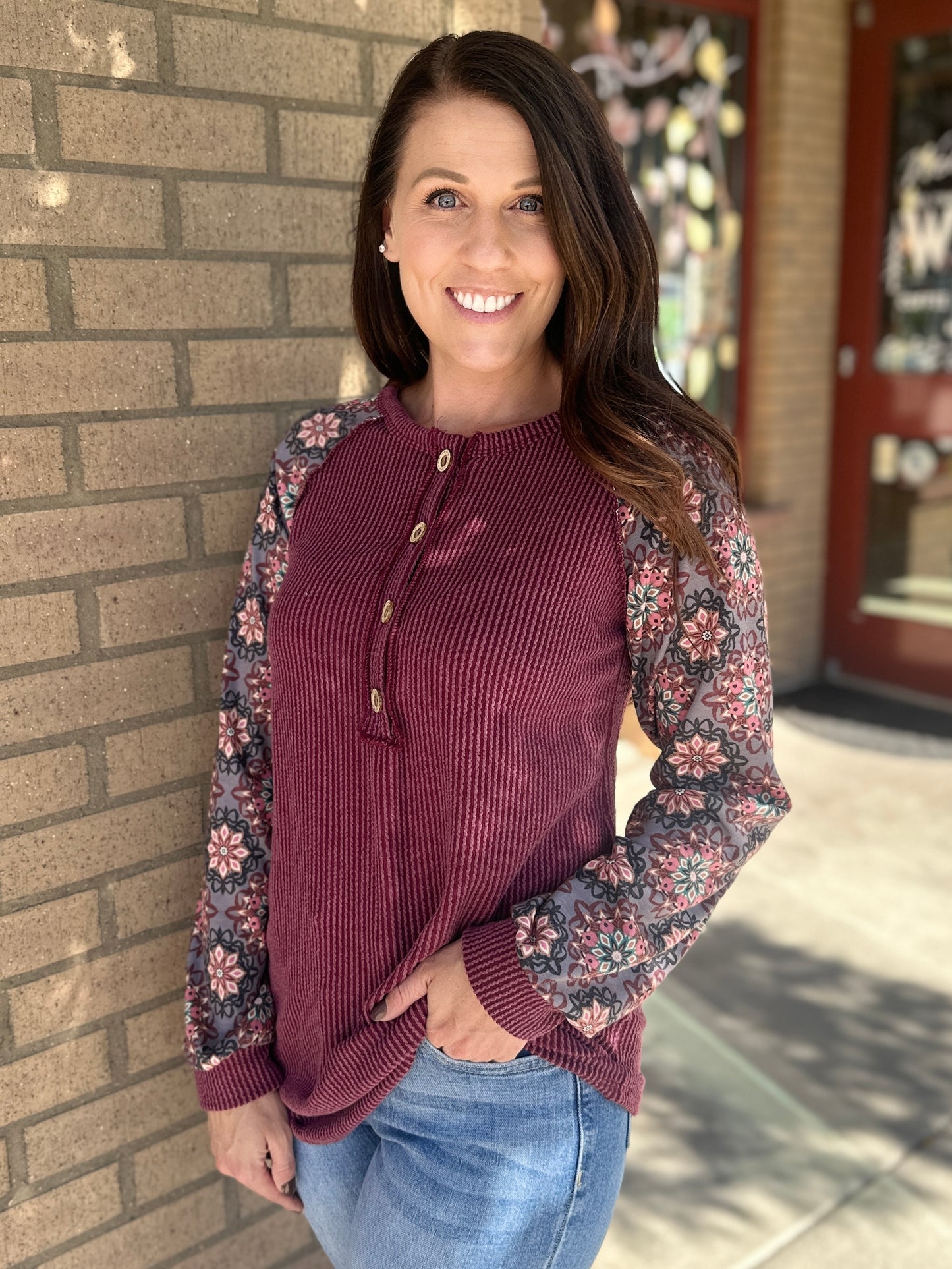 Ribbed Knit & Floral Long Sleeve